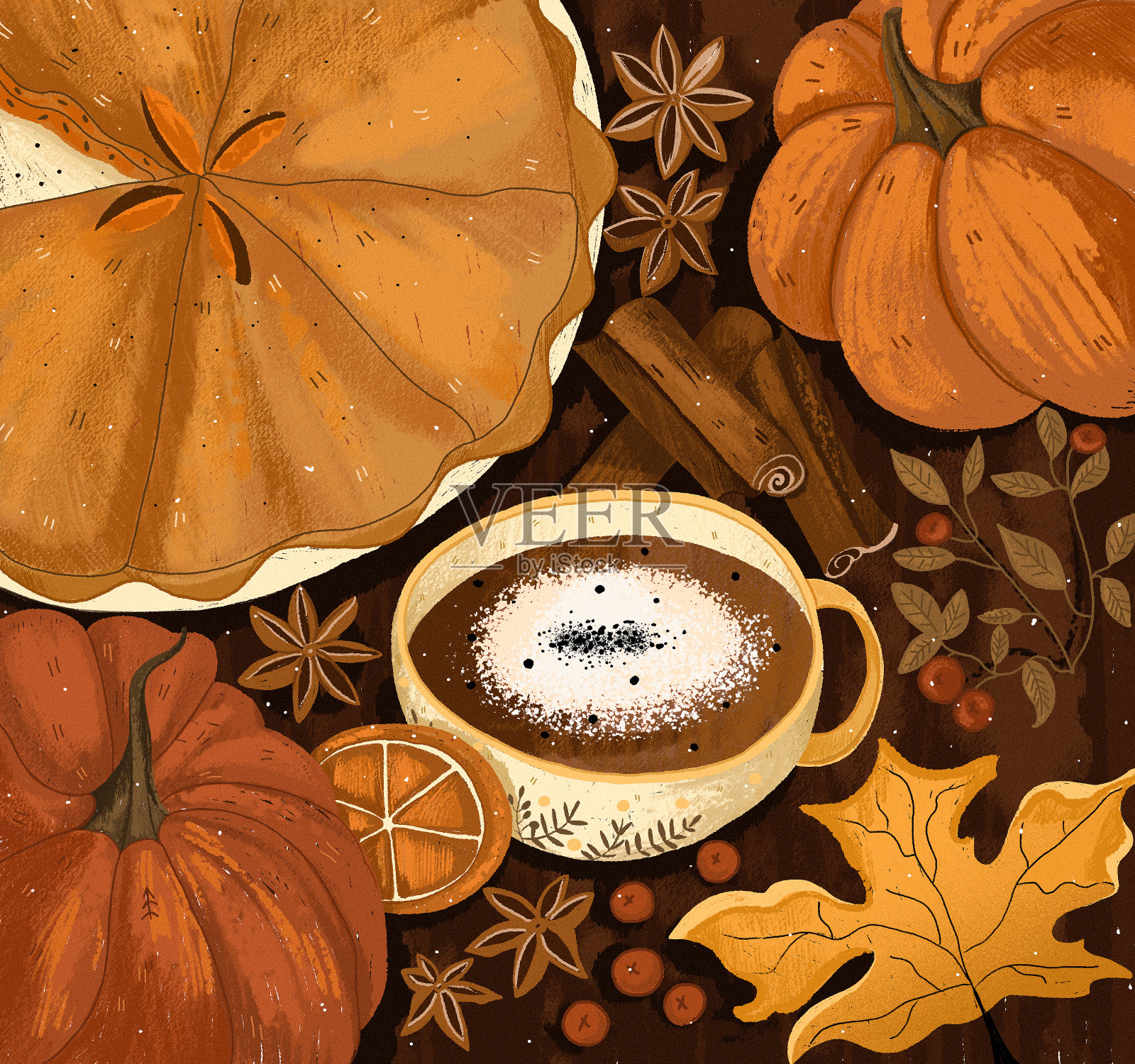 舒适，秋天的插画美味的蛋糕和芳香的咖啡。插画图片素材