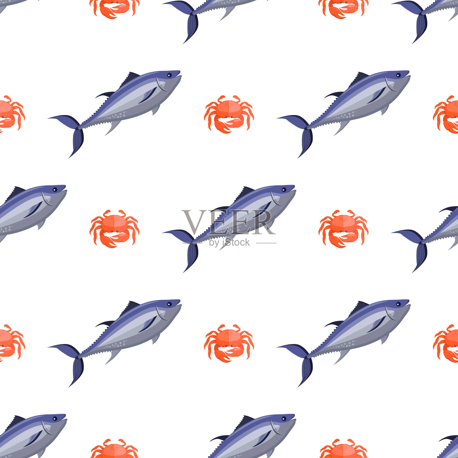 鱼和蟹无缝模式矢量插图插画图片素材