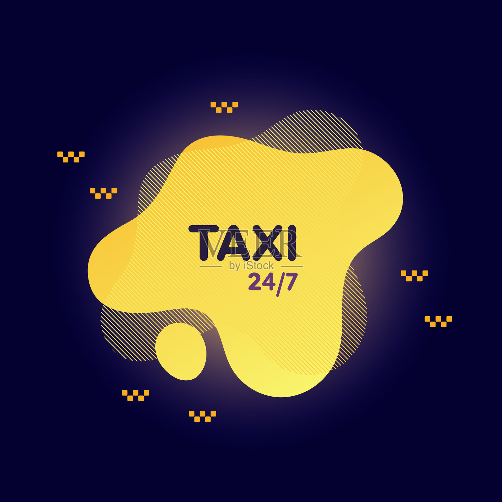 出租车24/7服务理念。矢量平面插图。抽象的黄色流体形状与副本空间和文本。设计方形构图横幅，ui网页布局。设计模板素材