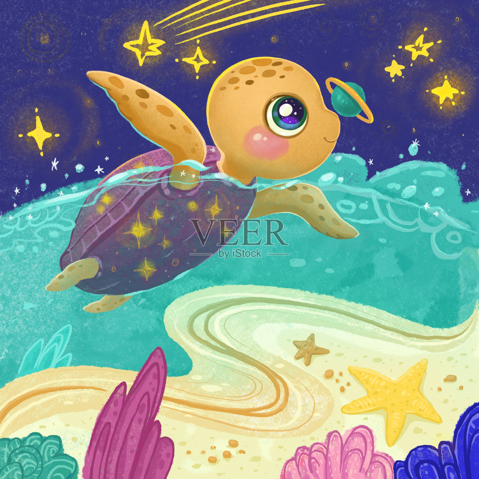 卡通海龟与星星和彗星对抗的夜空。有珊瑚礁的沙质海床。清水里的幻想动物，太空龟。插图设计贺卡，传单，横幅。插画图片素材