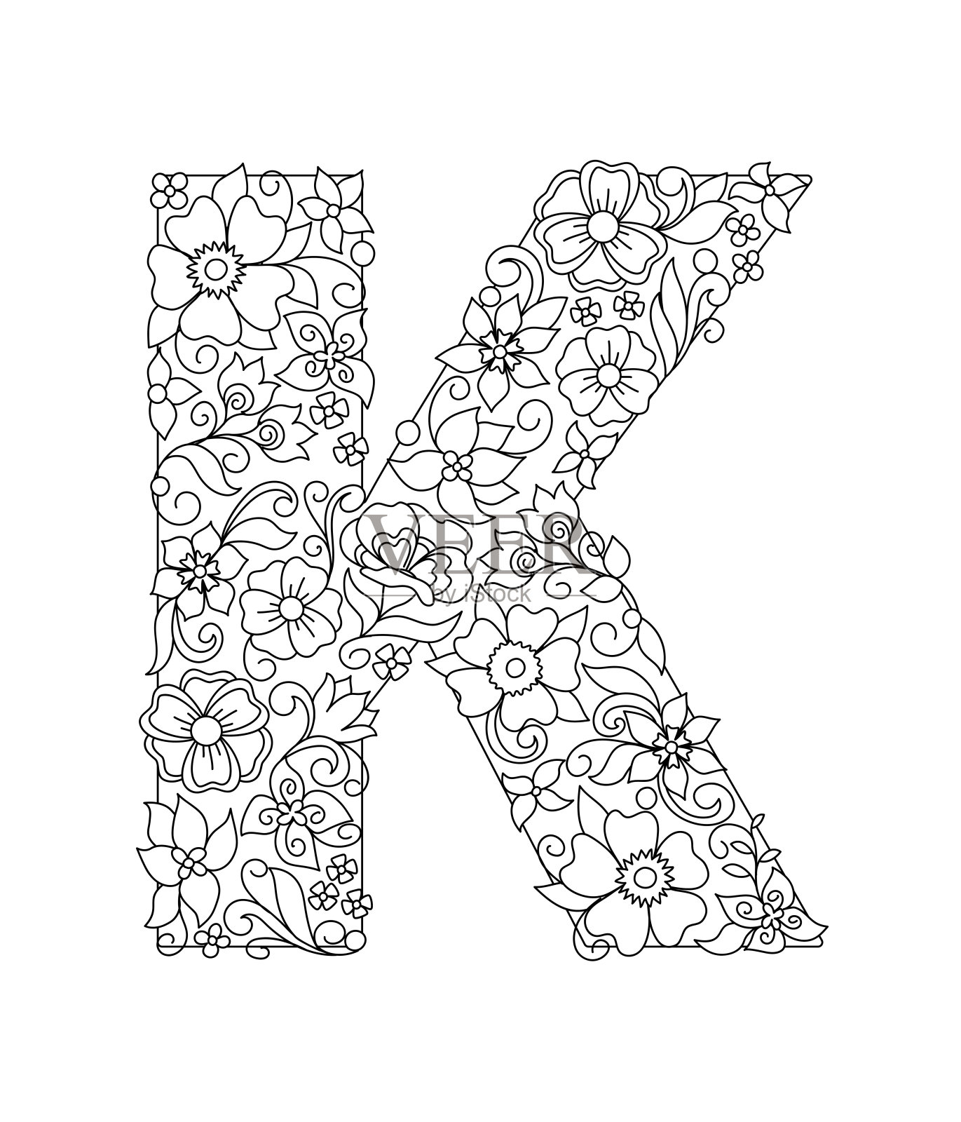 大写字母K与抽象的花图案设计元素图片