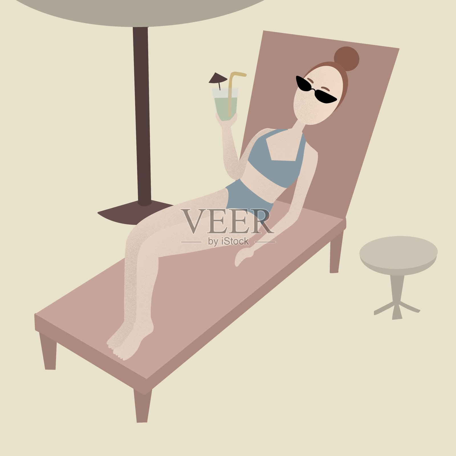 美丽的黑发女人在泳衣躺在日光浴床上，手里拿着鸡尾酒。插画图片素材