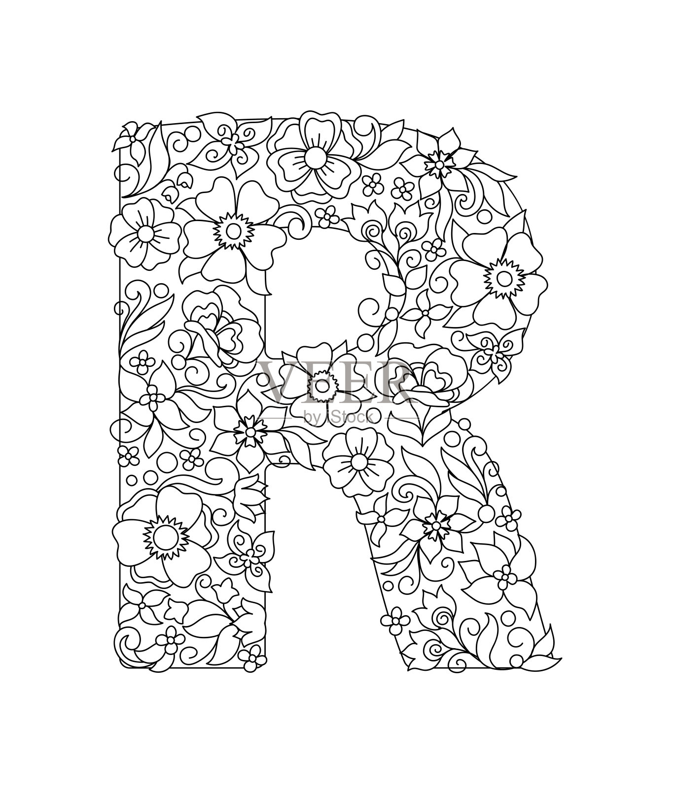 大写字母R与抽象的花图案设计元素图片