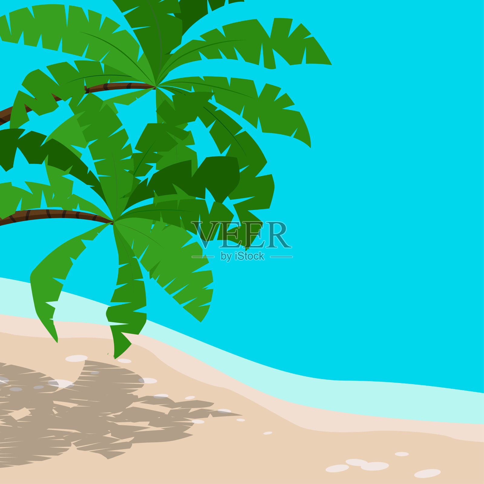 热带海滩背景有棕榈树，大海，海岸线。插画图片素材