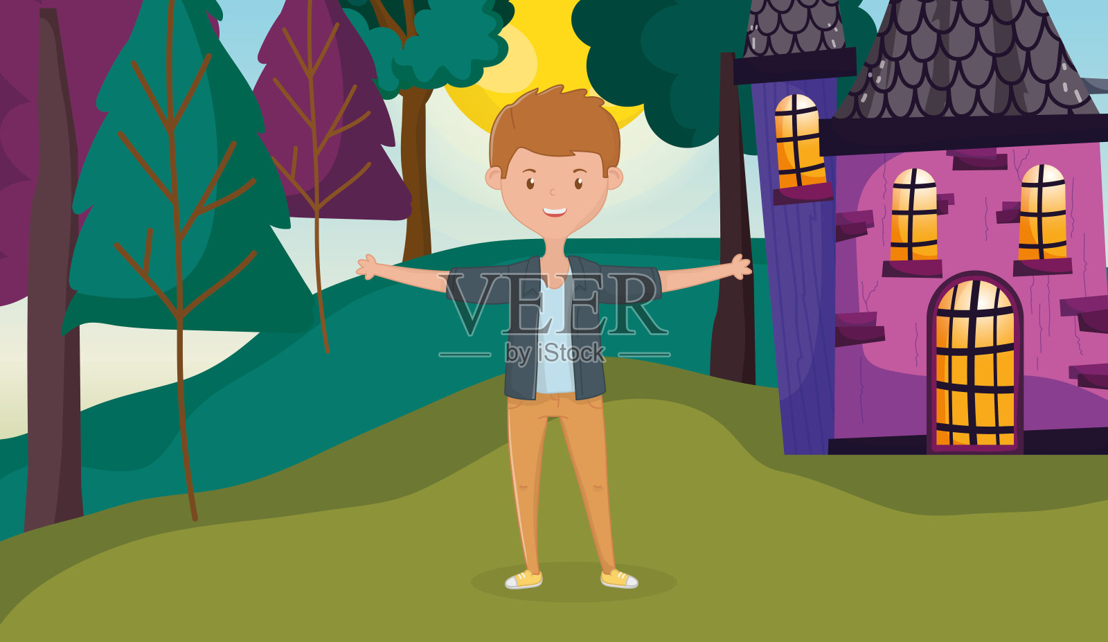 微笑的年轻人站在家门口的乡村插画图片素材