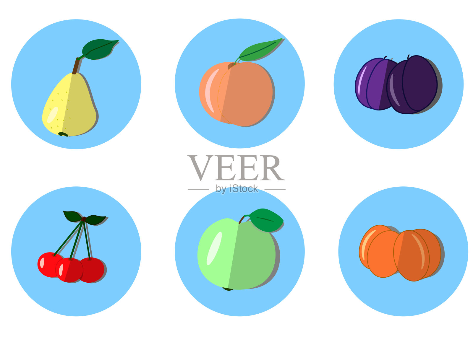 фруктыSet的圆形图标与水果。黄色的梨，绿色的苹果，粉色的桃子，蓝色的李子，橙色的杏，三个红色的樱桃在蓝色的背景插画图片素材