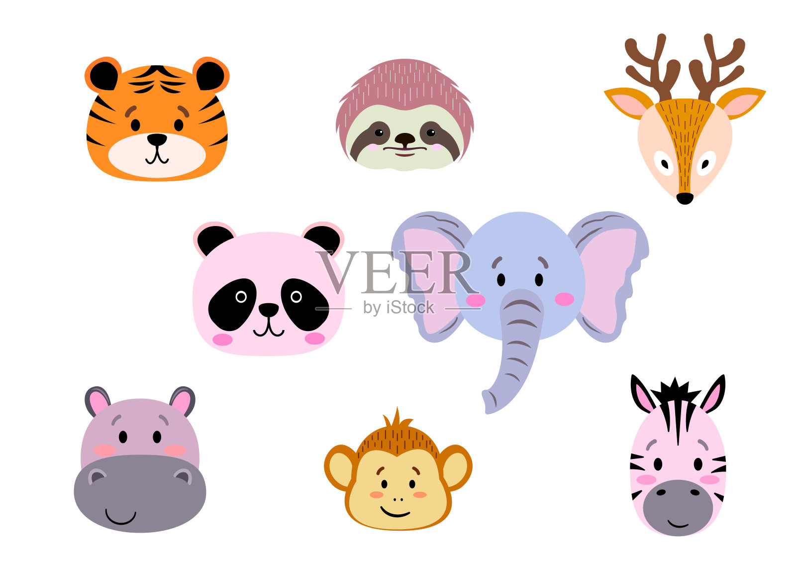 一组可爱的简单动物的头插画图片素材