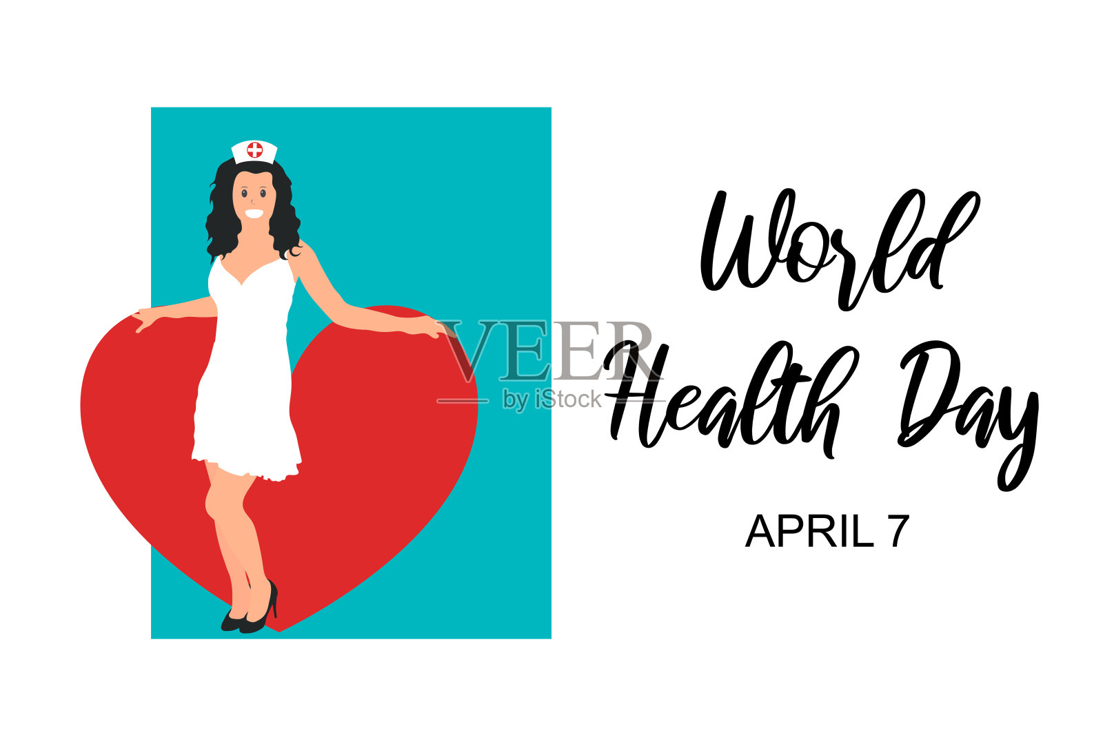 4月7日世界卫生日概念海报、横幅、贺卡。医学，医疗保健矢量插图与护士微笑女孩和红色的心在蓝色的背景。设计模板素材