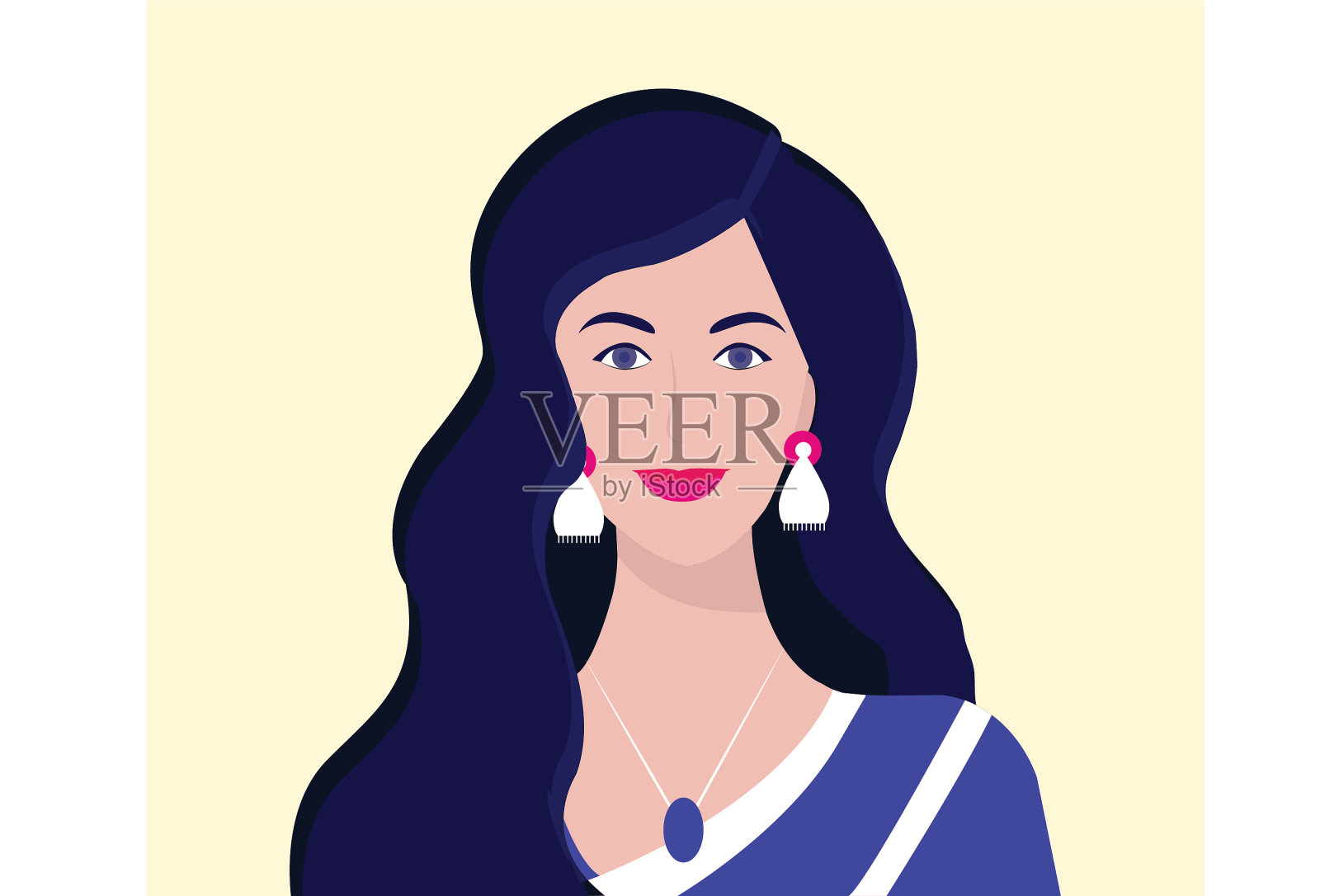 一个美丽的女人的肖像，穿着传统的印度纱丽和漂亮的耳环。长头发的。平面向量插图插画图片素材