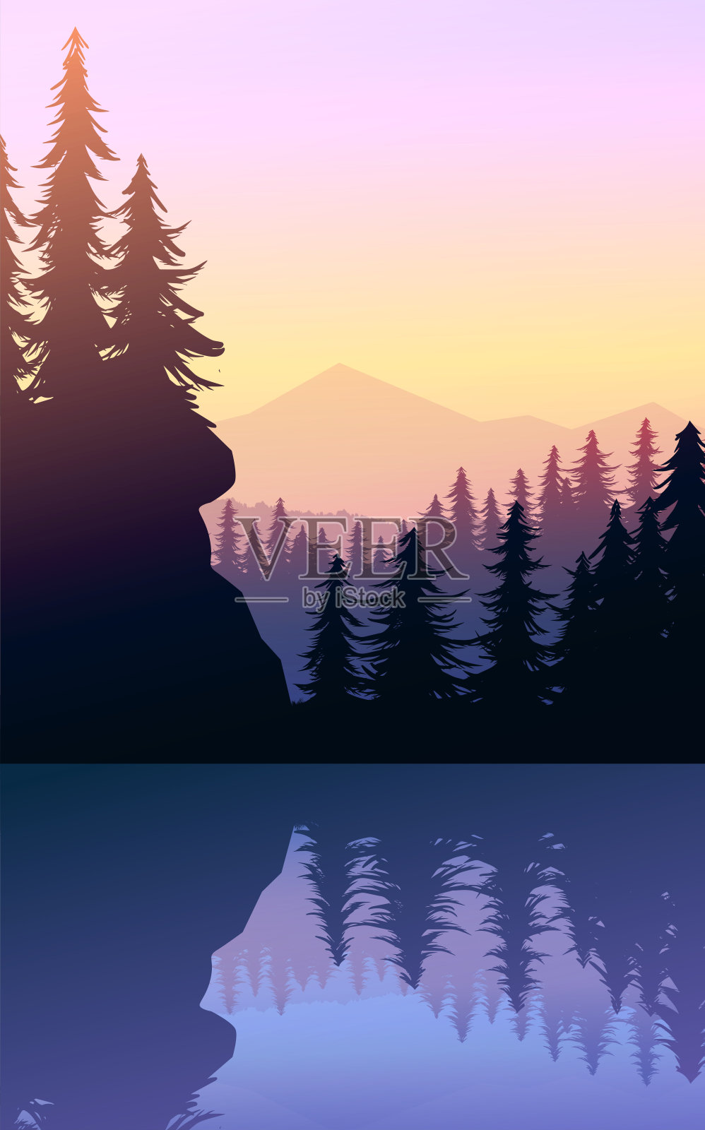 自然森林自然松林山地平线景观墙纸日出和日落插图矢量风格多彩的视图背景插画图片素材