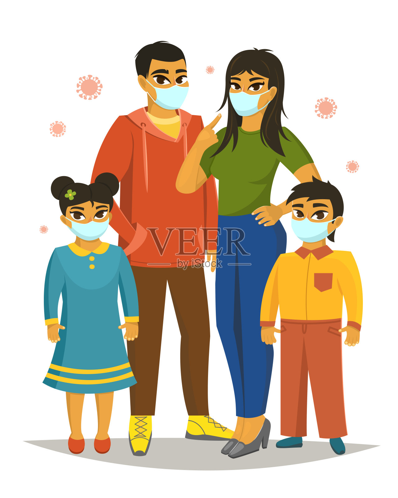 戴口罩的大家庭、冠状病毒防护、媒介说明插画图片素材