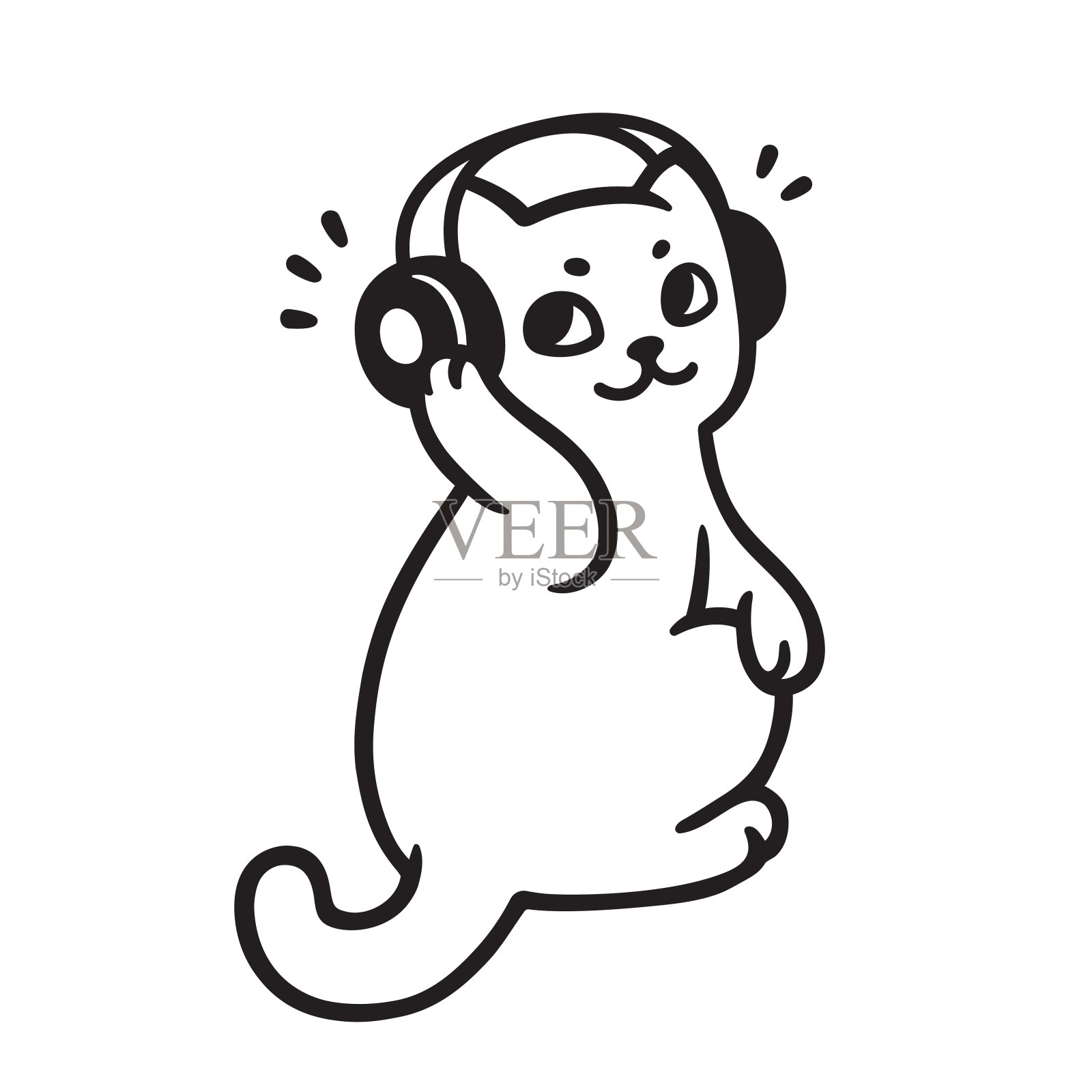 猫戴着耳机听音乐插画图片素材