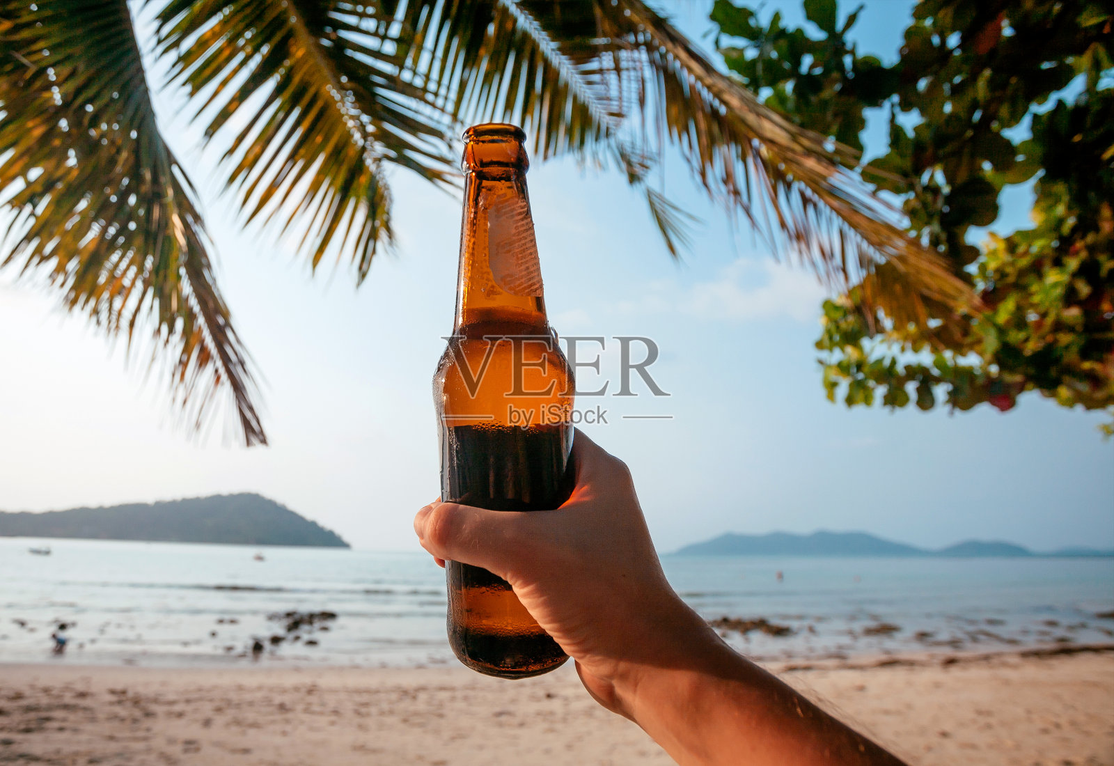 新鲜的啤酒瓶在快乐的游客在假期。海景与清凉饮料的度假者在棕榈树下照片摄影图片