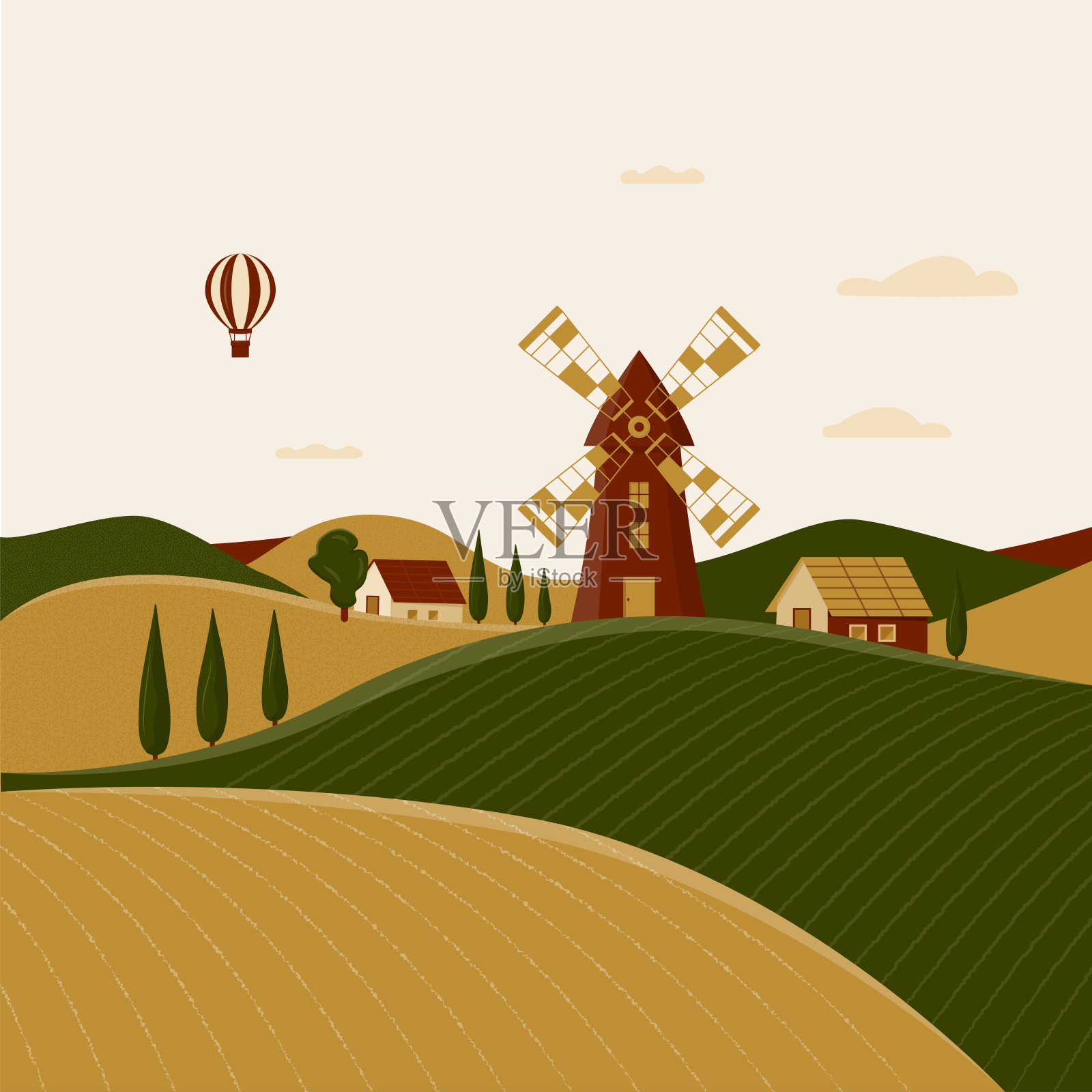 有风车和农舍的乡村景观背景图片素材