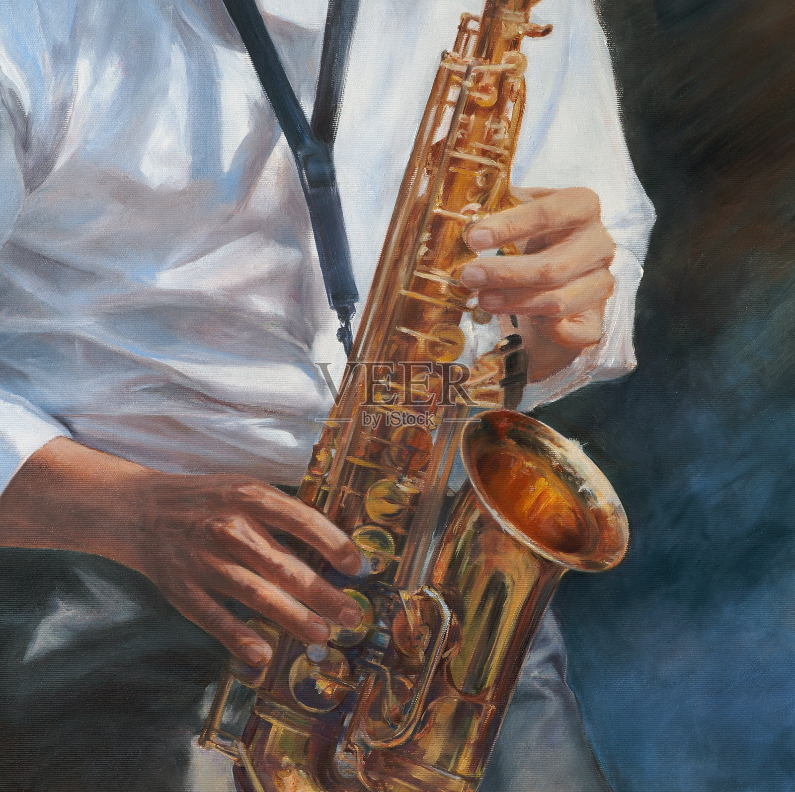 爵士乐萨克斯管手和乐器近距离油画插画图片素材