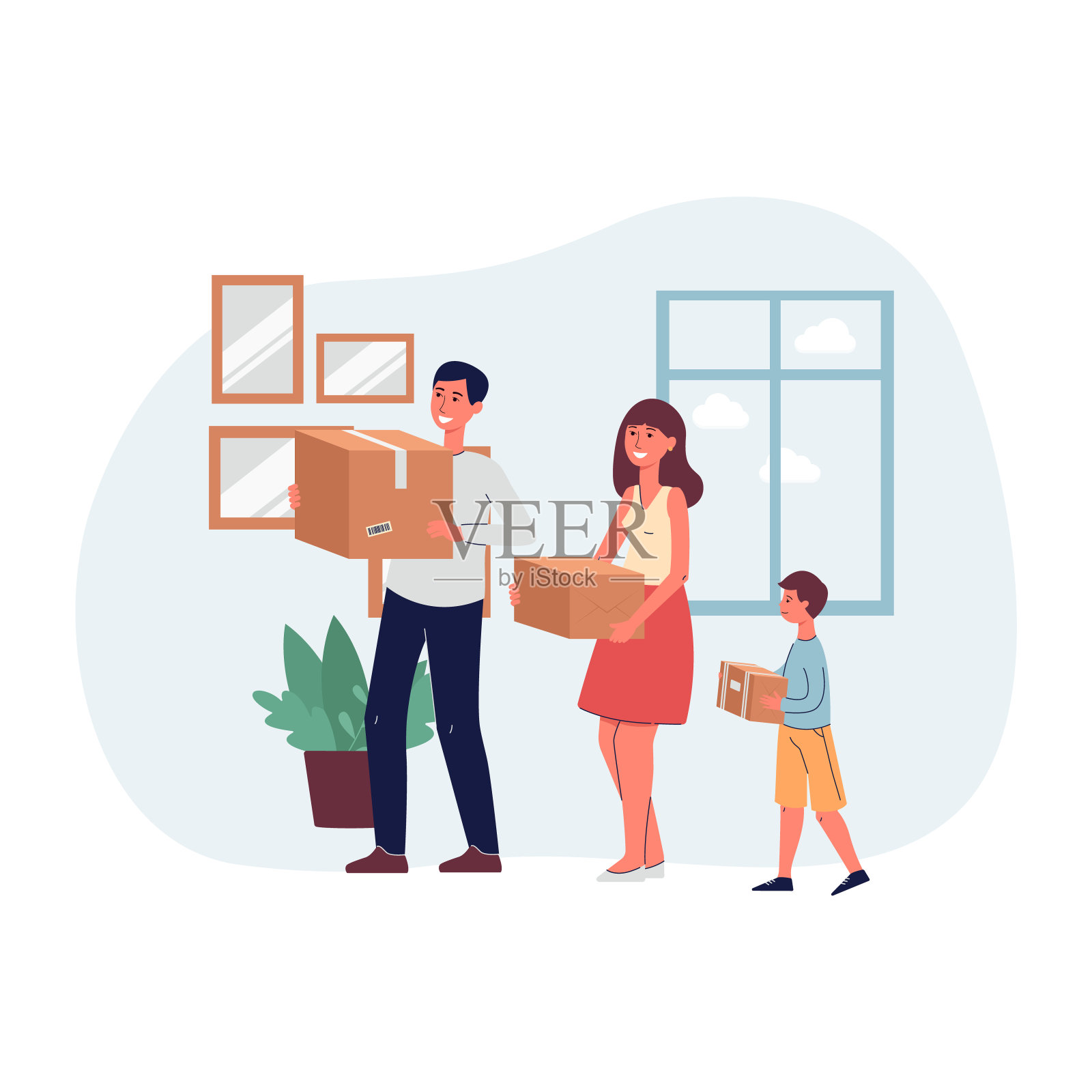 卡通家庭搬进新家-父母和儿子拿着纸板箱插画图片素材