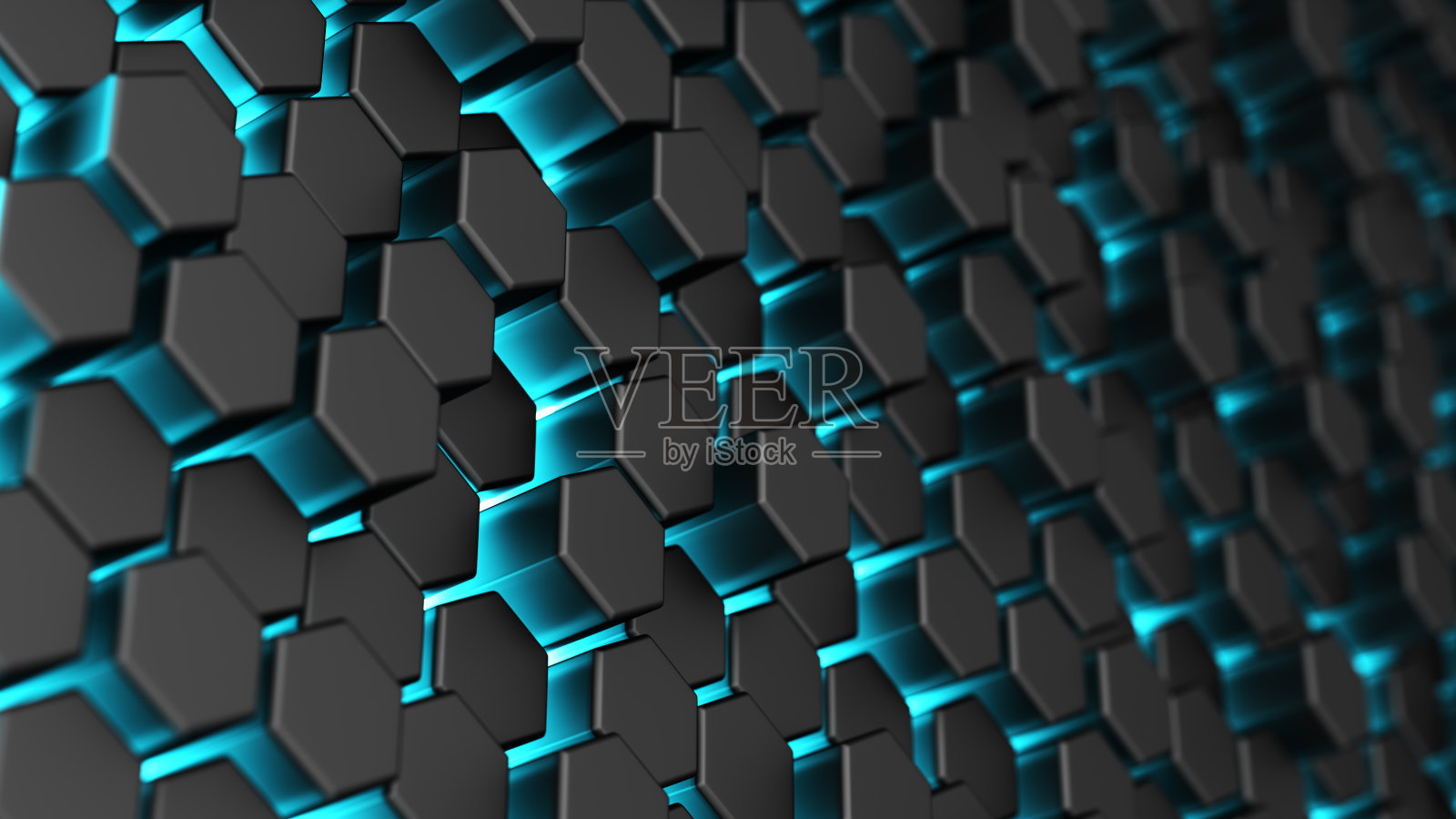 未来的黑色技术背景与蓝色发光的氖能量闪电。钢六边形细胞。蜂窝结构的三维抽象插图。全球通信和大数据技术3d插图。照片摄影图片