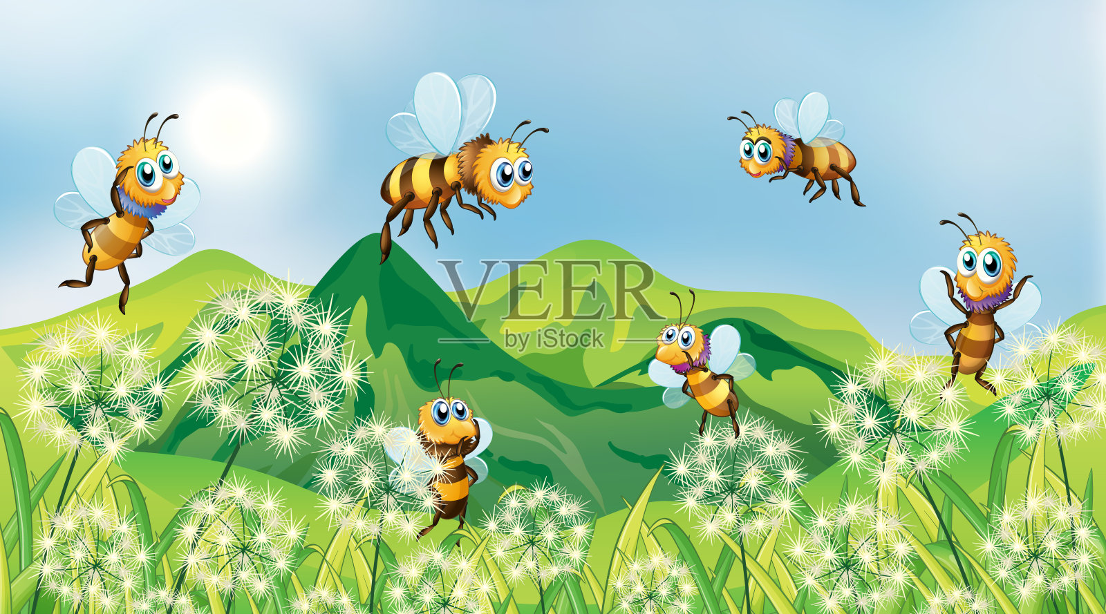 自然场景背景与蜜蜂飞在花园里插画图片素材