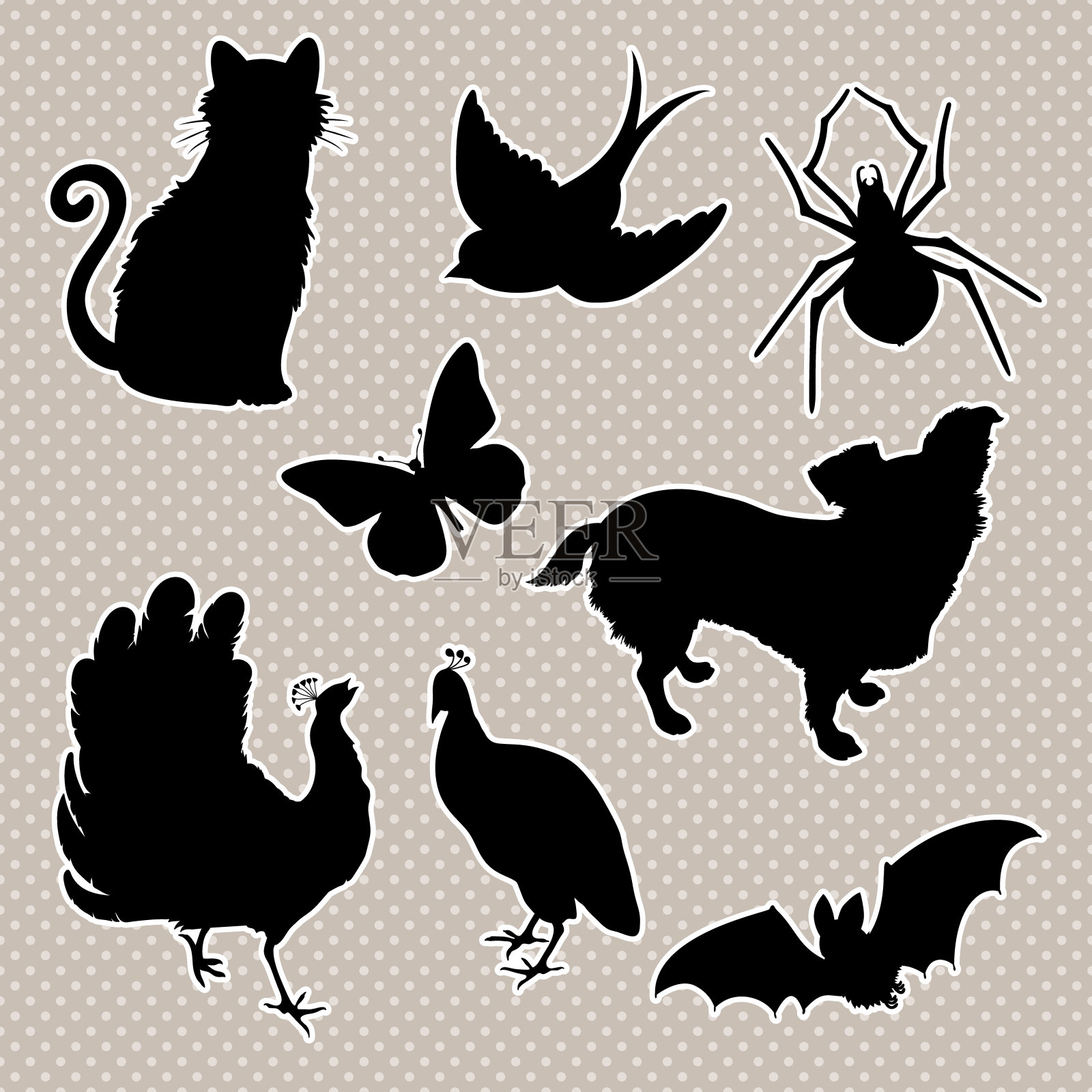 矢量组的动物剪影:猫，鸟，蜘蛛，蝴蝶，狗，孔雀，蝙蝠插画图片素材