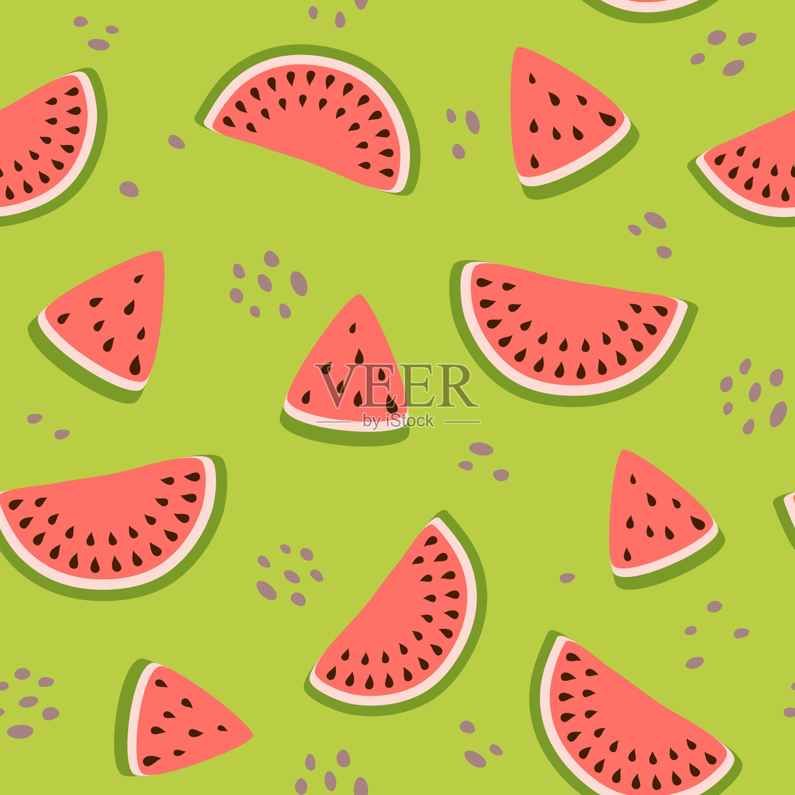 西瓜无缝模式。可爱的夏日水果背景。绿色的颜色。热带西瓜平面设计插画图片素材