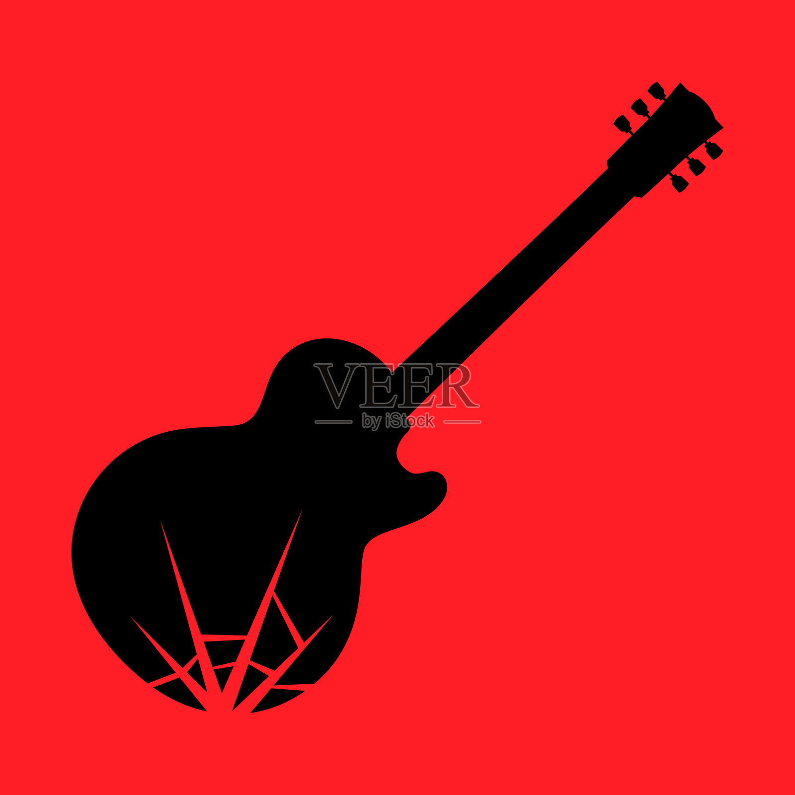 红色背景上的破损电吉他符号插画图片素材