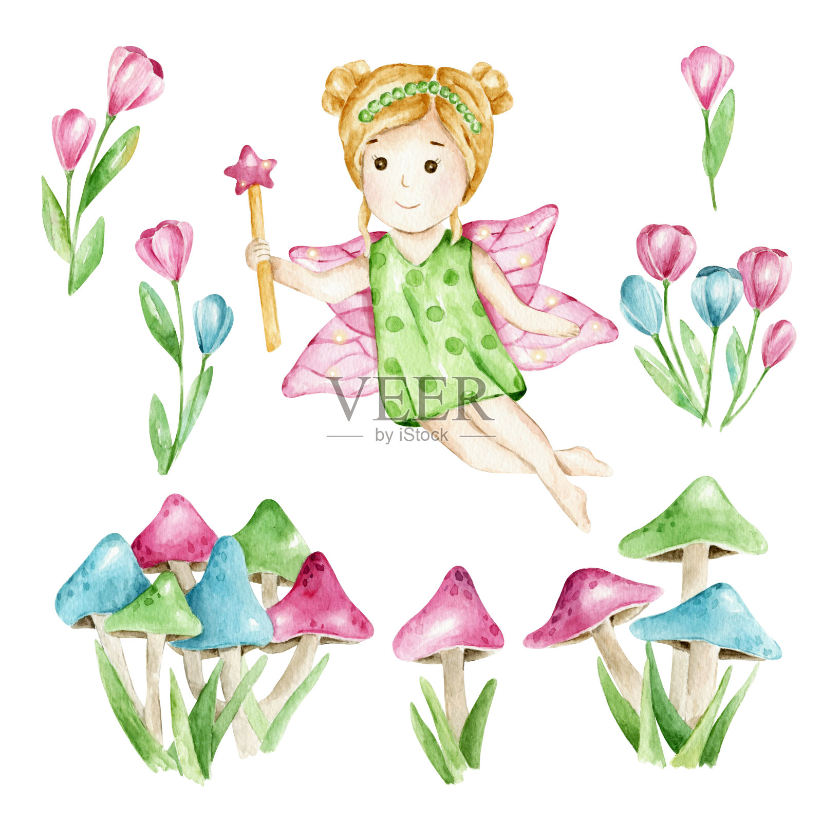手绘水彩画仙女女孩，神奇的蘑菇和花。粉色，蓝色，绿色，卡通人物插画图片素材