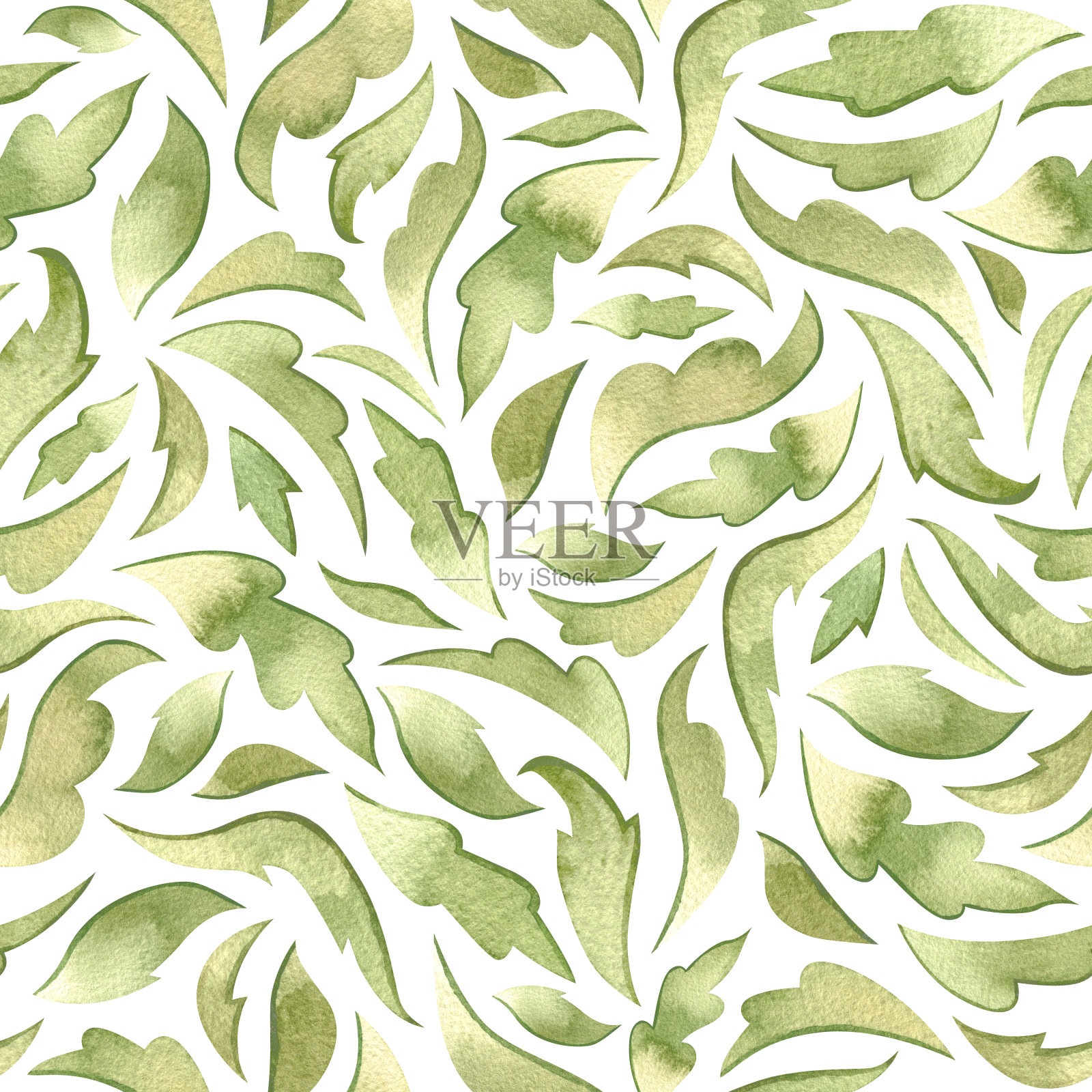 水彩绿色叶子无缝模式上的白色背景。色彩丰富的手绘设计元素。插画图片素材