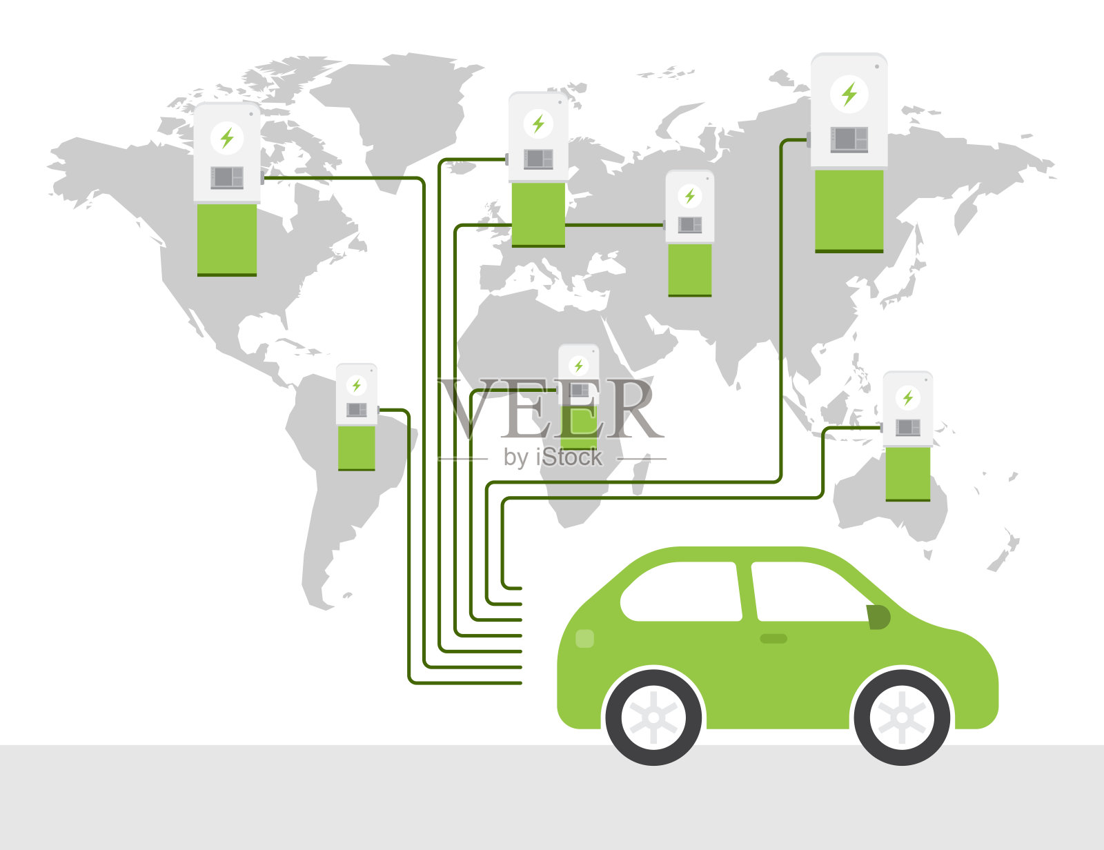 电动汽车充电站的世界地图生态绿色能源概念插画图片素材