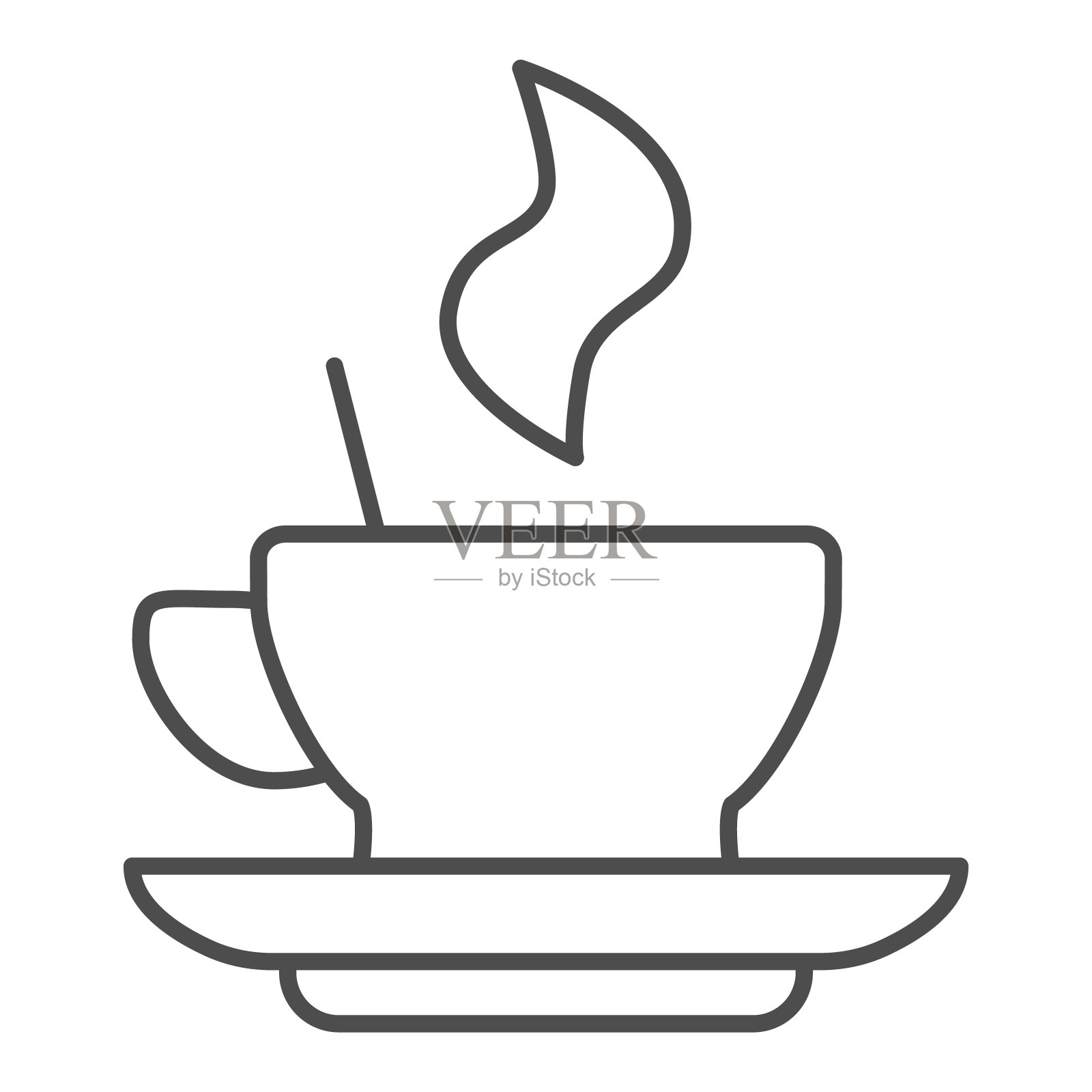 热咖啡在杯碟上细线图标。马克杯与饮料和蒸汽符号，轮廓风格的象形文字在白色的背景。咖啡或咖啡标志的移动概念，网页设计。矢量图形。插画图片素材