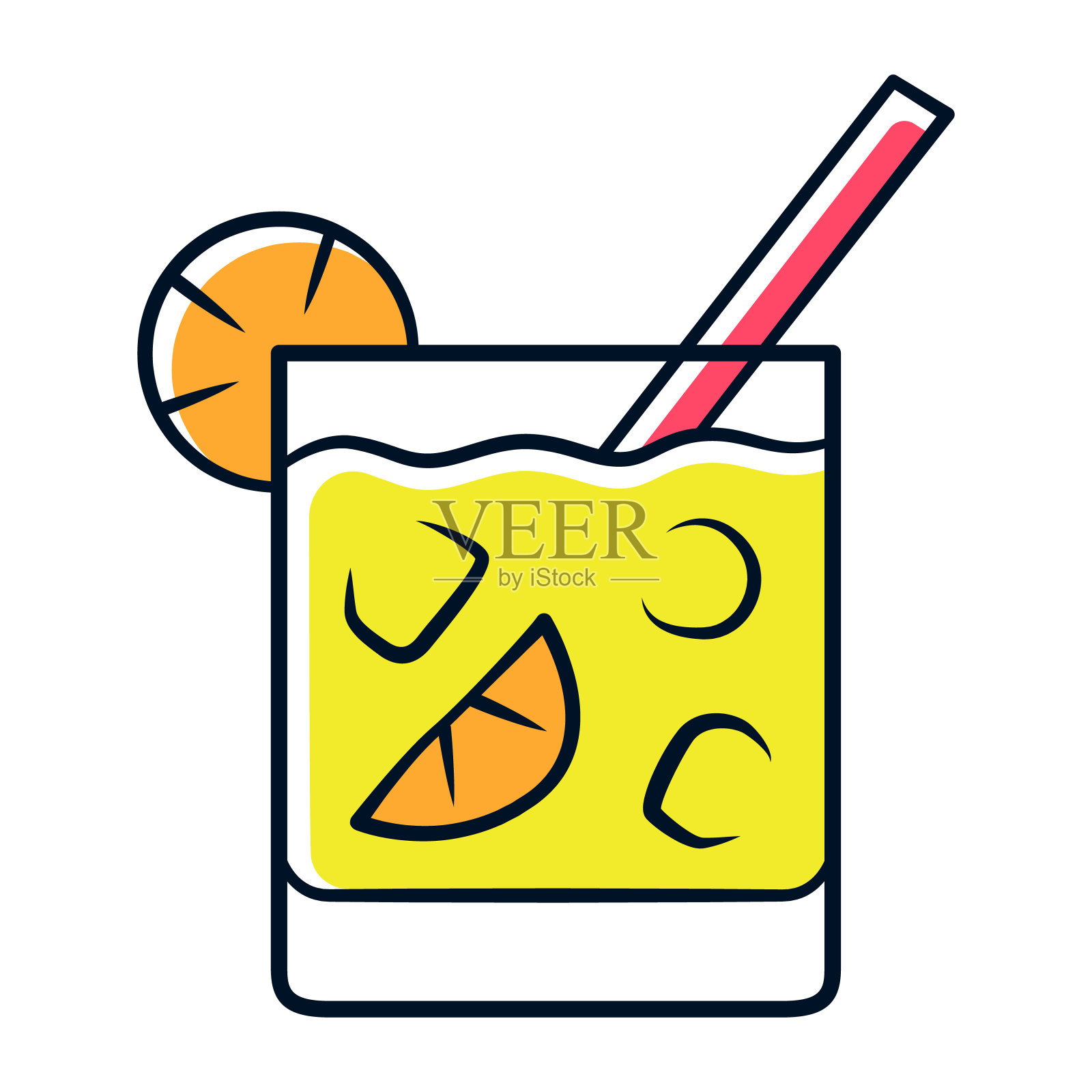 鸡尾酒在低球玻璃黄色图标。用老式玻璃杯装的清爽的酒精冷饮。混合饮料与冰，柑橘片和吸管。孤立的矢量图插画图片素材