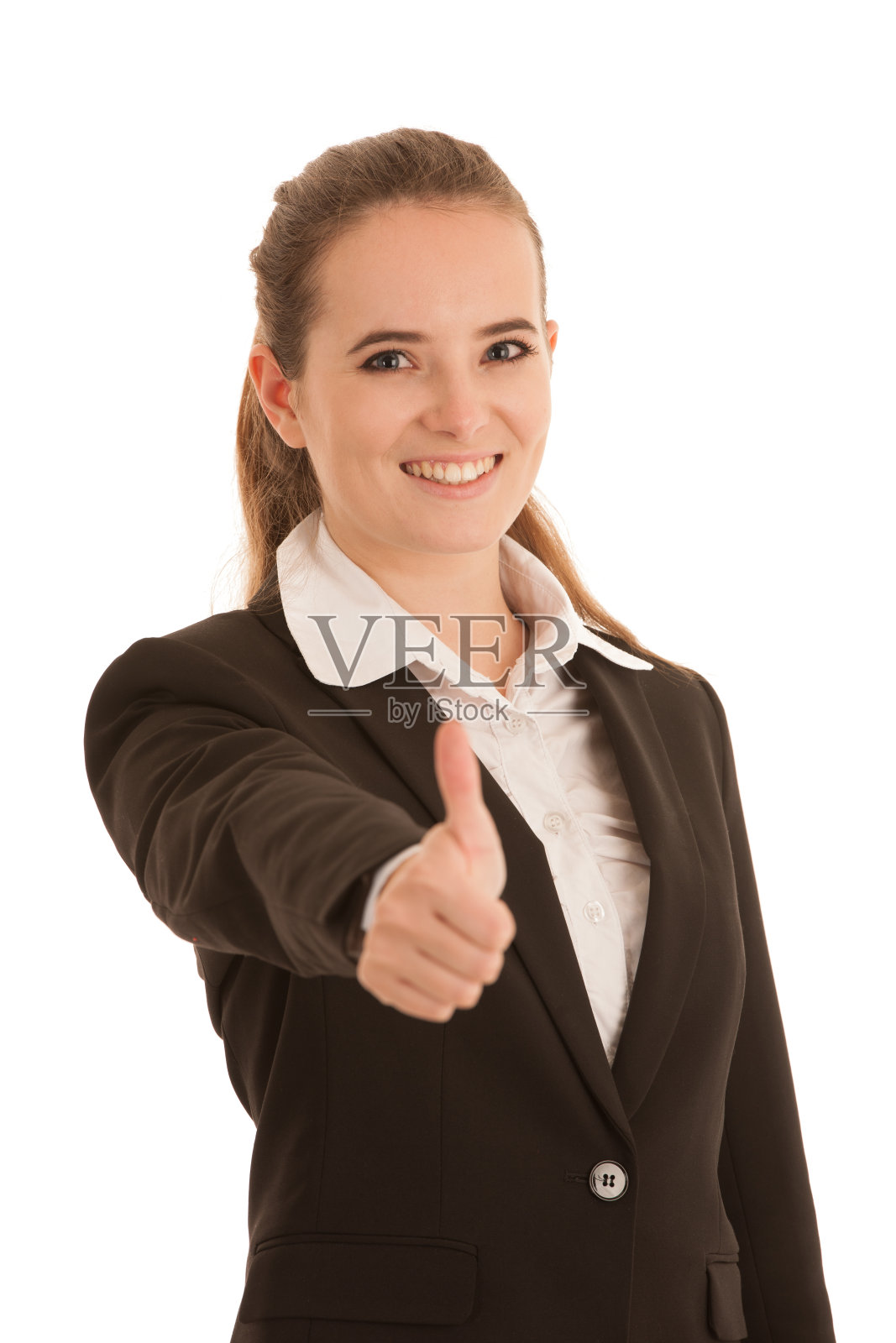 商界女性在白色背景下竖起大拇指表示成功照片摄影图片