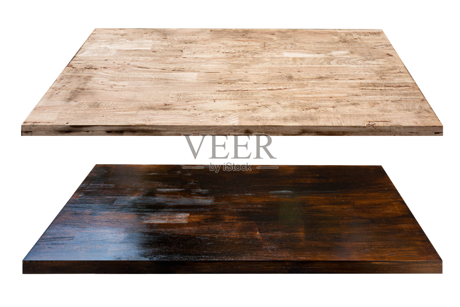 浅棕色的木材和深棕色的木材桌桌面上孤立的白色照片摄影图片