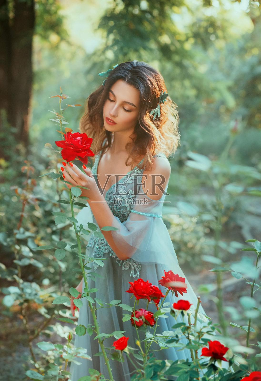女孩手捧红玫瑰，静静享受大自然，闭上眼睛。发型装饰绿叶散发。仙女在长通风的水彩连衣裙与花边。背景夏季森林树木神奇的雾灌木照片摄影图片