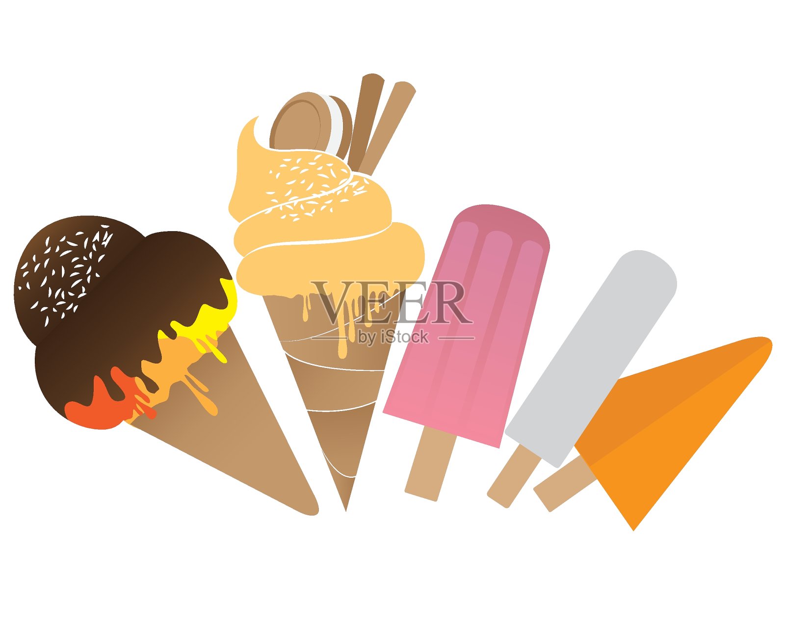 各种口味的冰淇淋，夏日风味的，融化的冰淇淋。水果和巧克力冰淇淋。设计元素图片