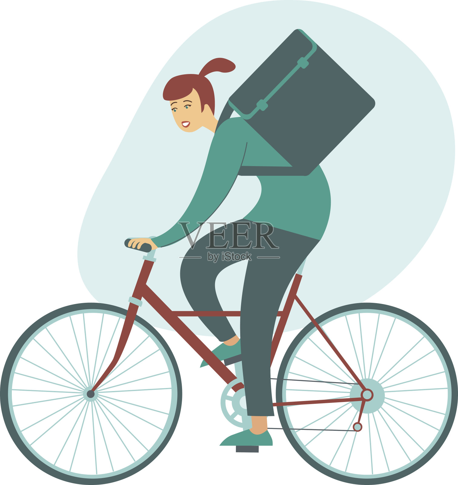快递员骑自行车送快递的女孩与包裹盒子在背后插画图片素材