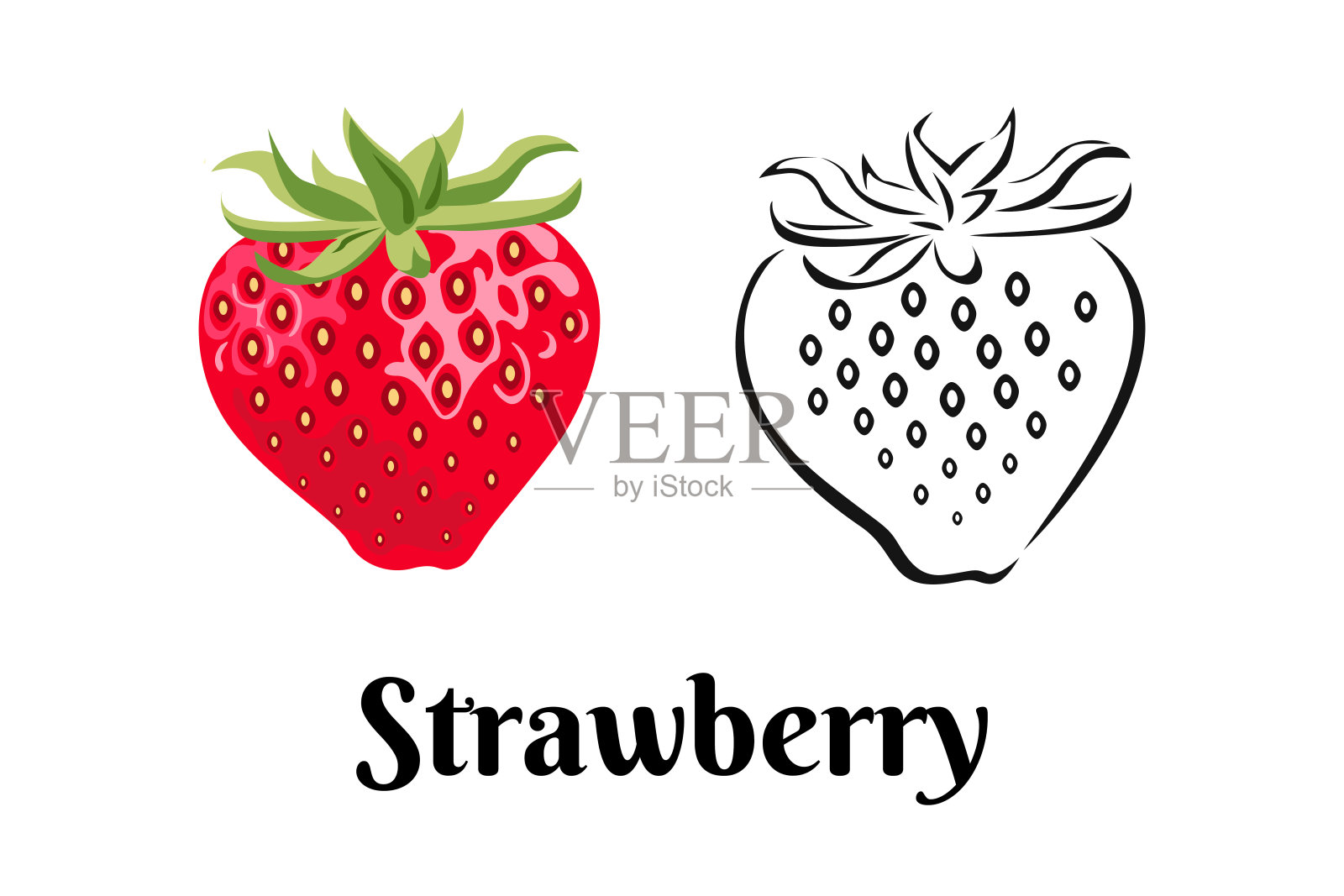 草莓孤立在白色背景。矢量彩色插图芳香红莓在卡通扁平风格和黑色和白色的轮廓。水果图标。插画图片素材