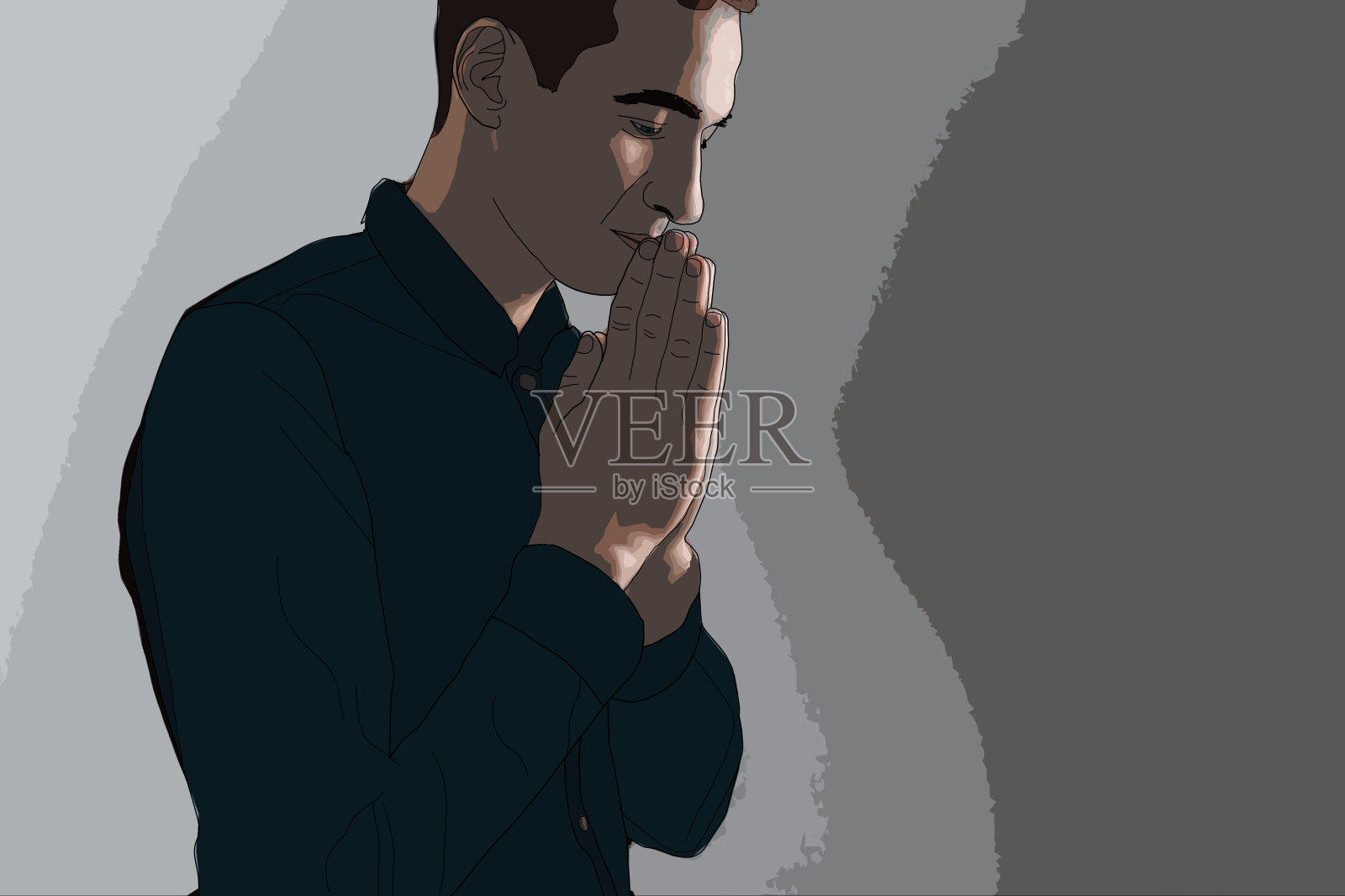一个英俊男子的肖像祈祷在灰色的背景。插图。设计元素图片