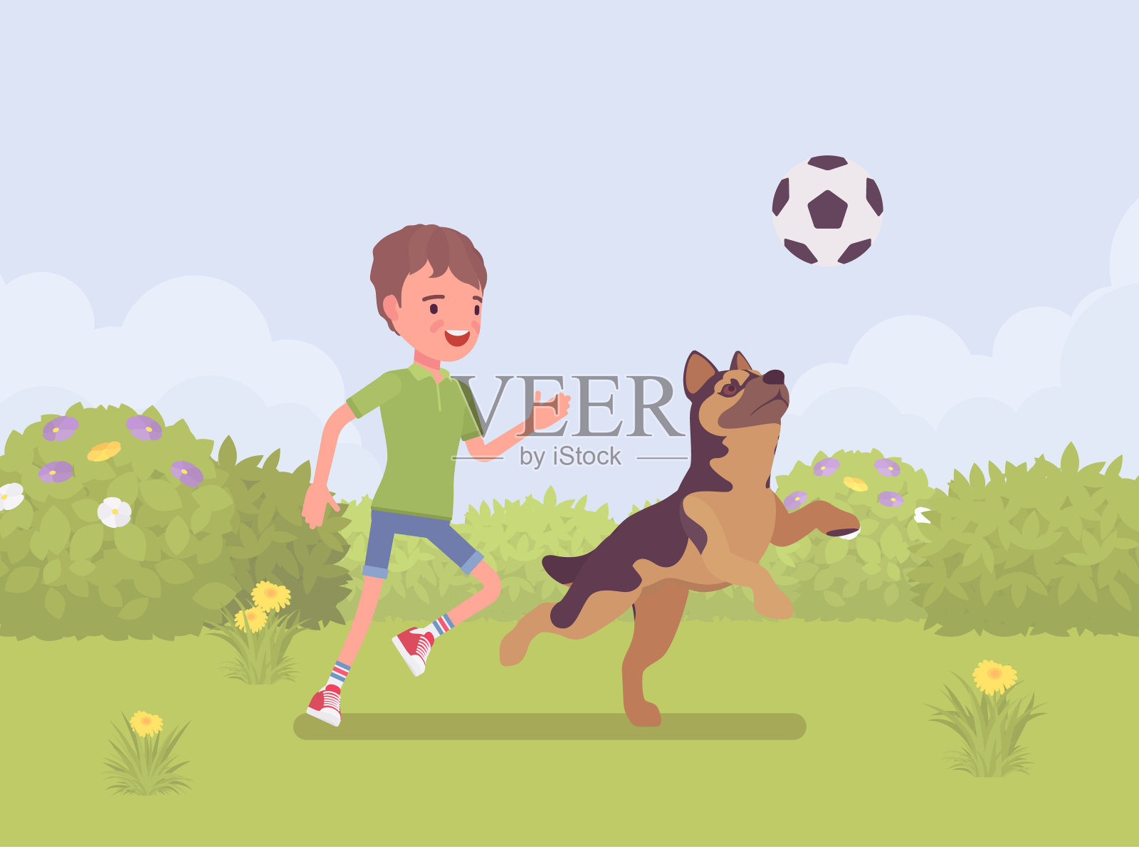 快乐的男孩和宠物狗朋友在户外玩耍插画图片素材