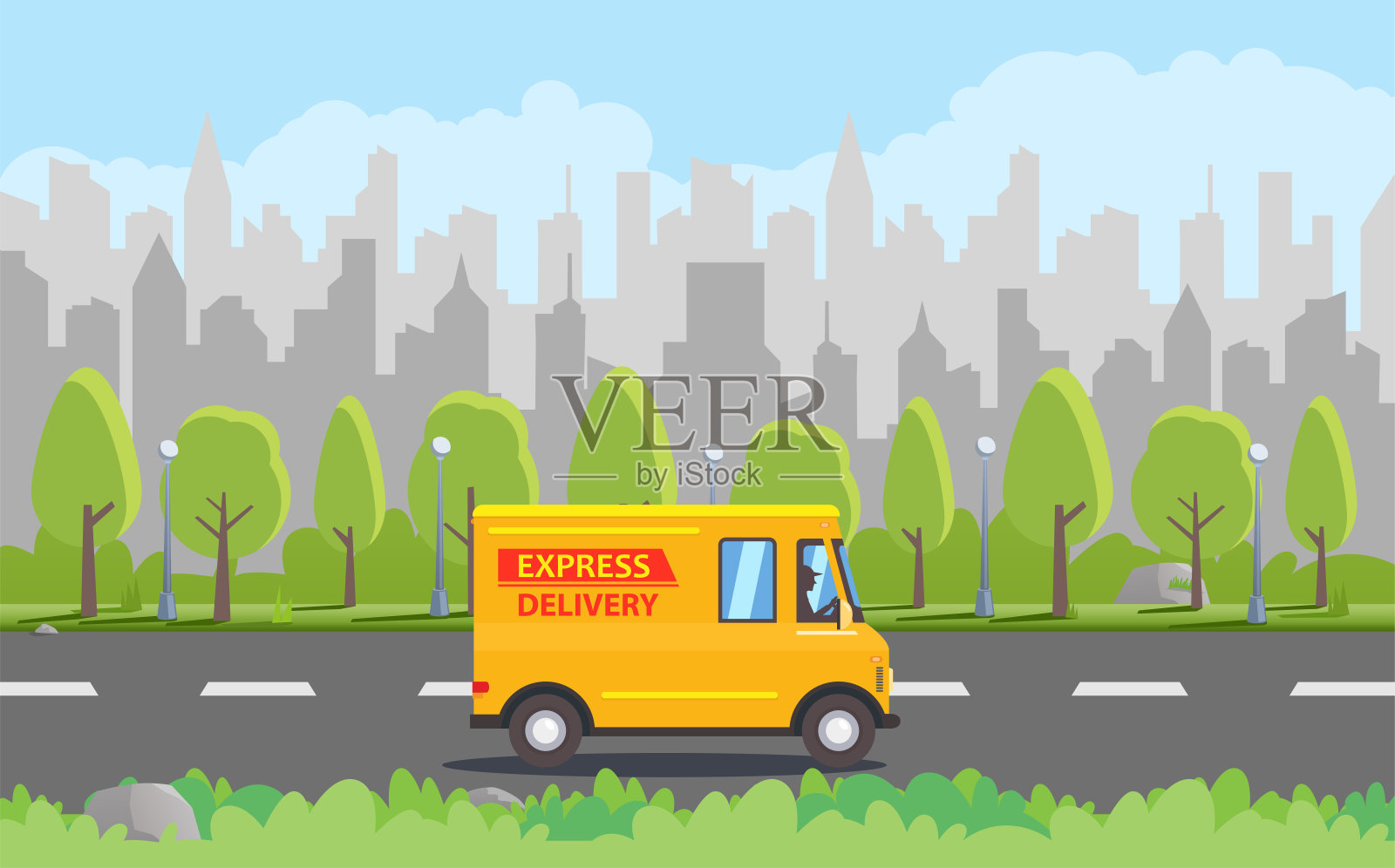 黄色卡通货车和城市天际线为背景。平面配送服务理念。插画图片素材
