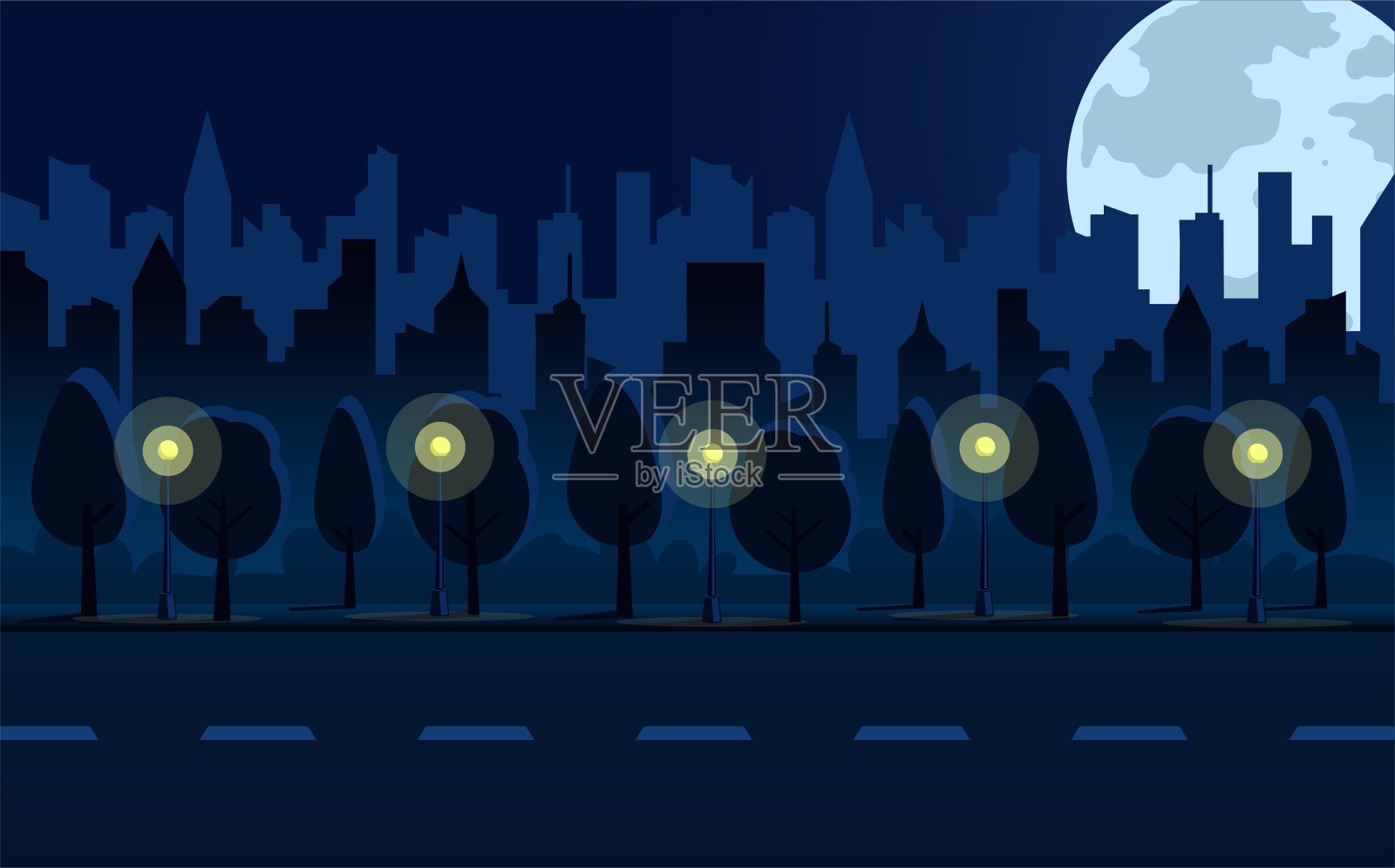 平坦的夜晚城市景观与蓝色的建筑，黑暗的天空，道路，蓝色的月亮和明亮的黄色灯笼。插画图片素材