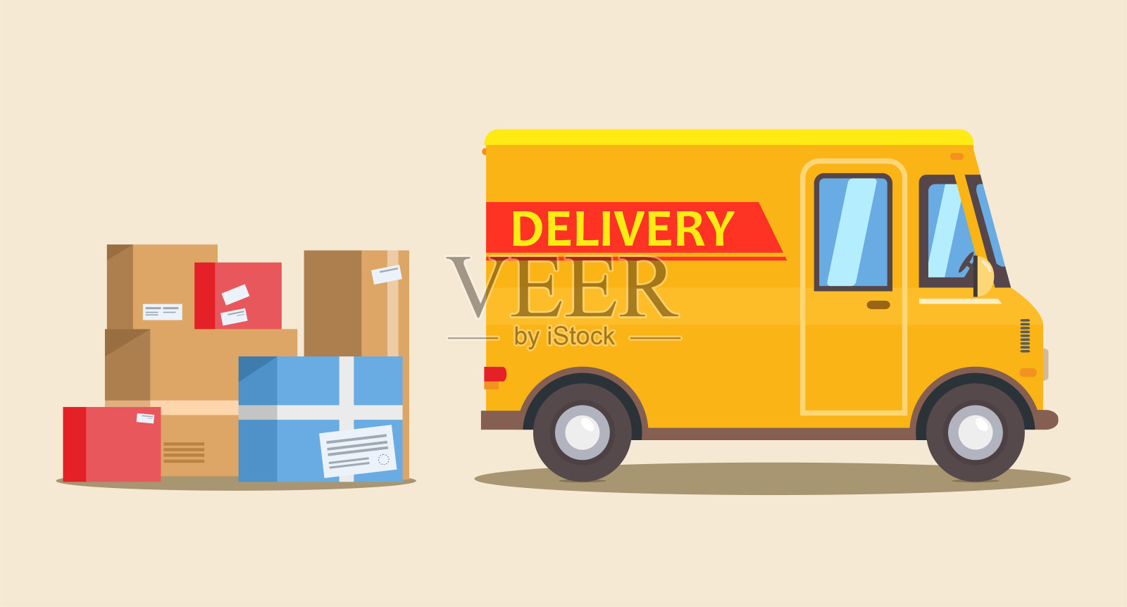 黄色的货车和黄色背景的彩色盒子。送货服务的概念。插画图片素材