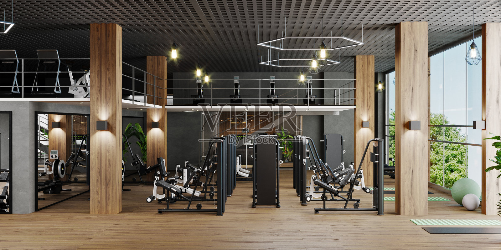 现代化的健身房内部配备运动和健身设备，健身中心内部，室内健身健身房，3d渲染照片摄影图片
