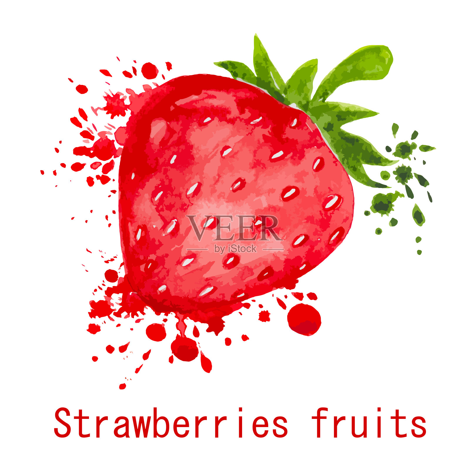 矢量草莓水果油漆与水彩在白色的黑底。设计元素图片