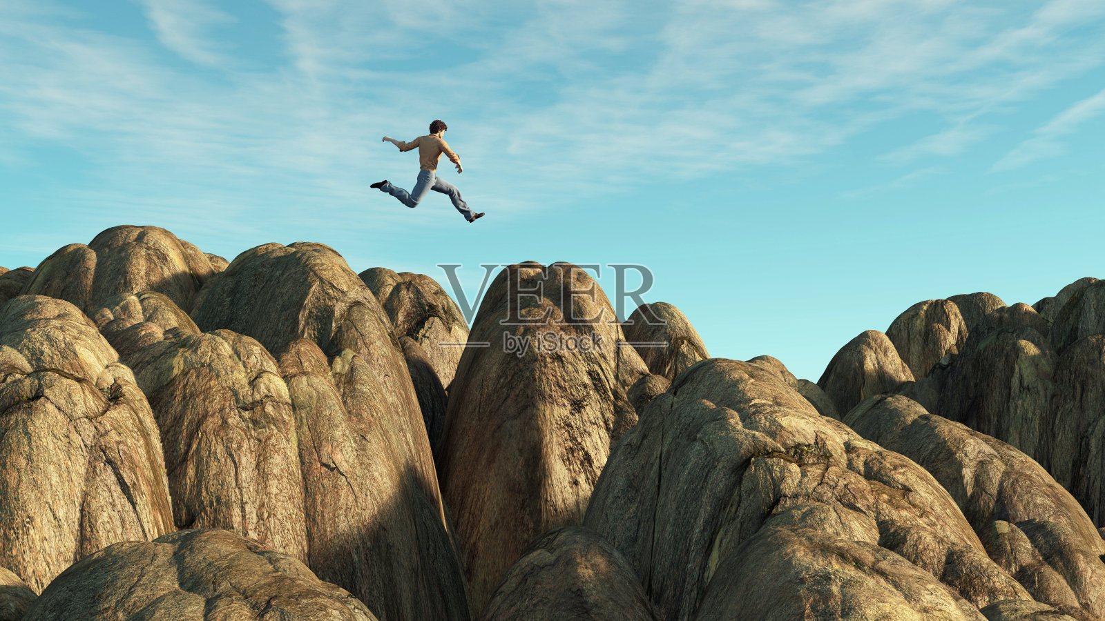人在岩石的山峰上跳跃。这是一个3d渲染图。照片摄影图片