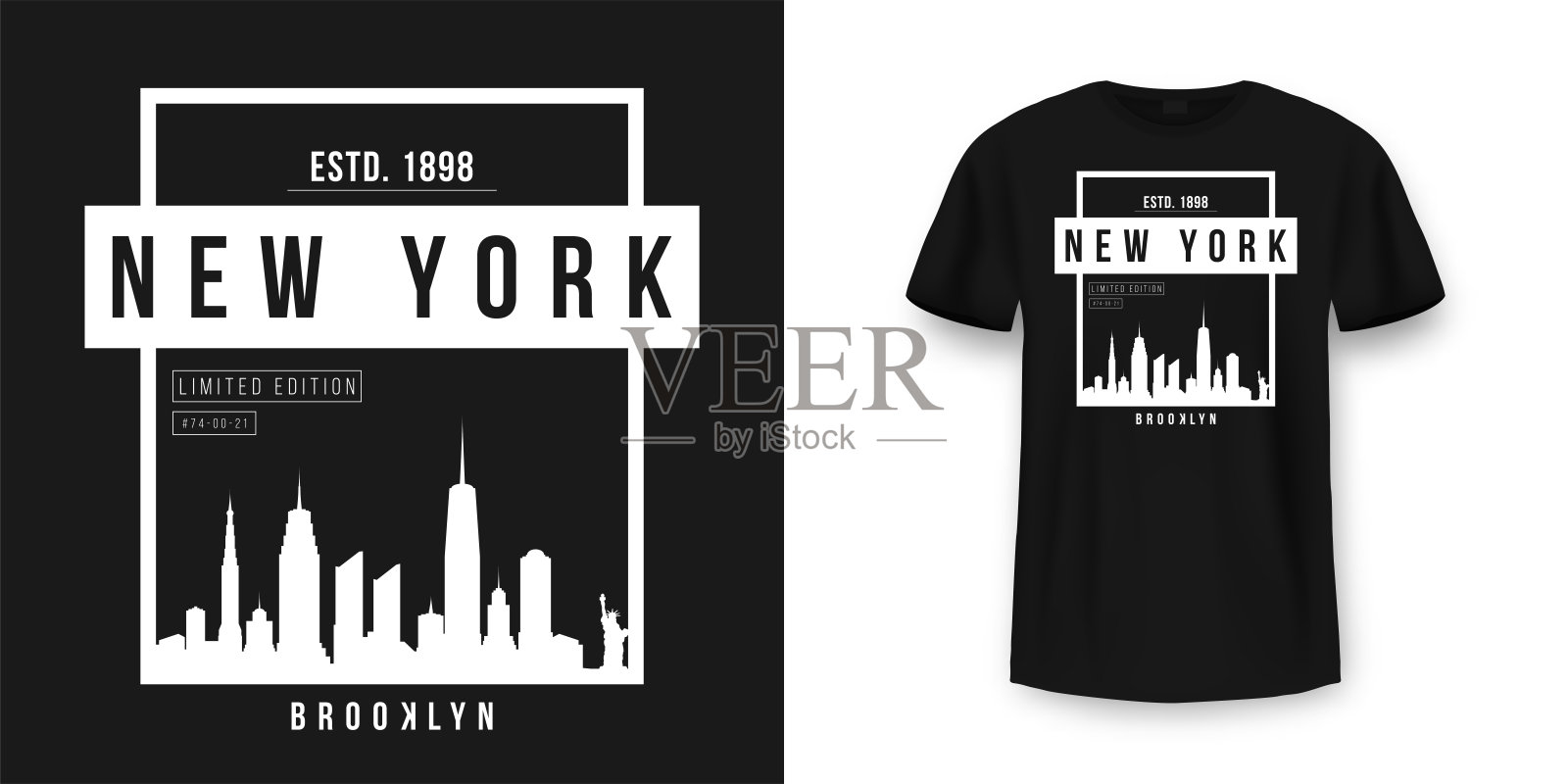 t恤图形设计与纽约轮廓线在极简主义风格。纽约字体t恤和服装设计。城市和真实的印在t恤模型插画图片素材