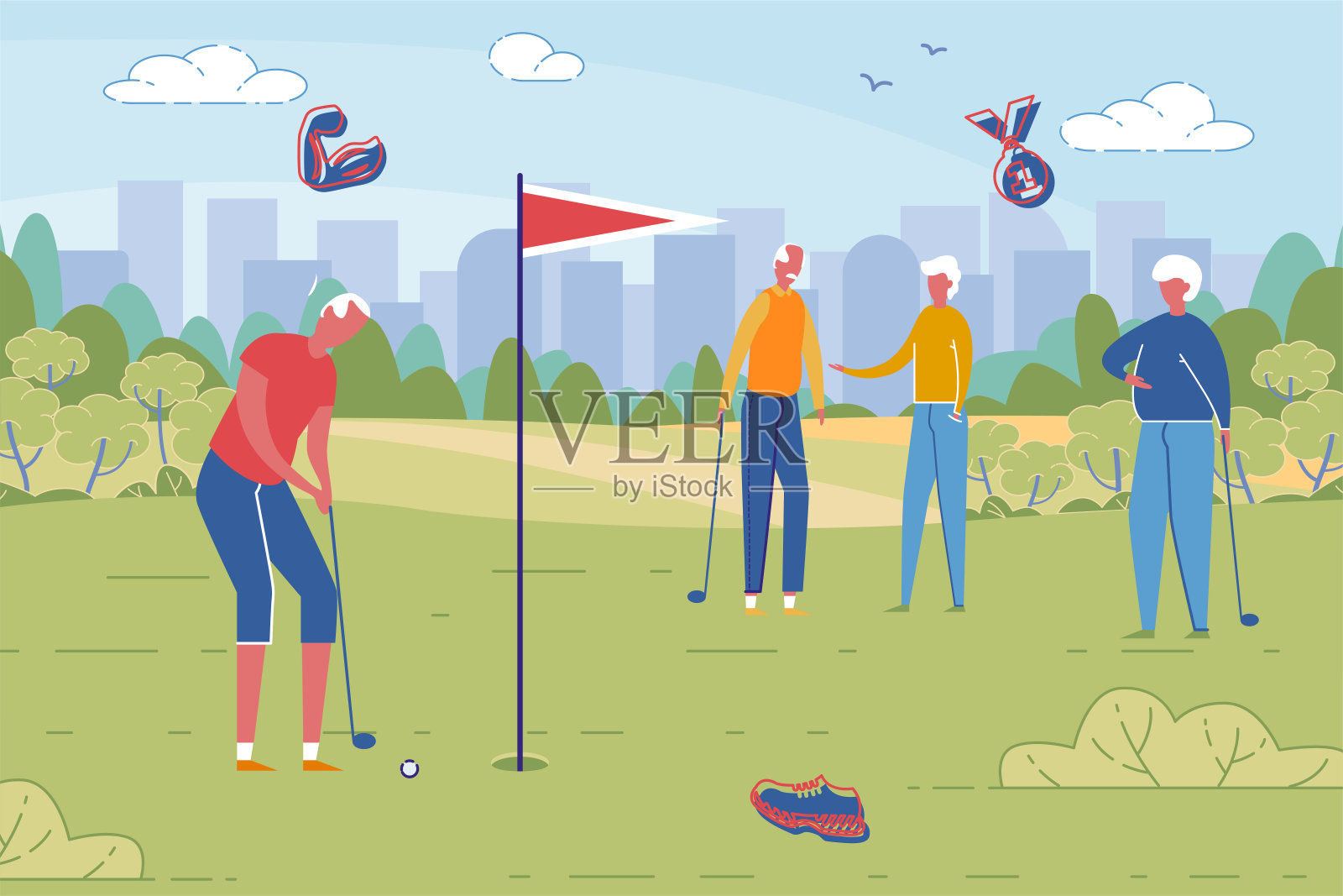 老年人在景观背景下打高尔夫。插画图片素材