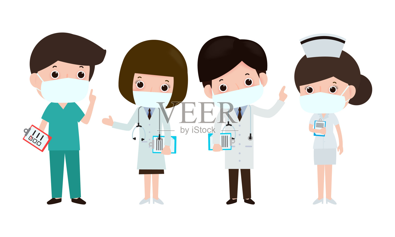 冠状病毒(2019-nCoV)或covid-19，医生团队戴口罩。医务人员医生和护士，一组医务人员。健康生活方式概念孤立在白色背景插画图片素材