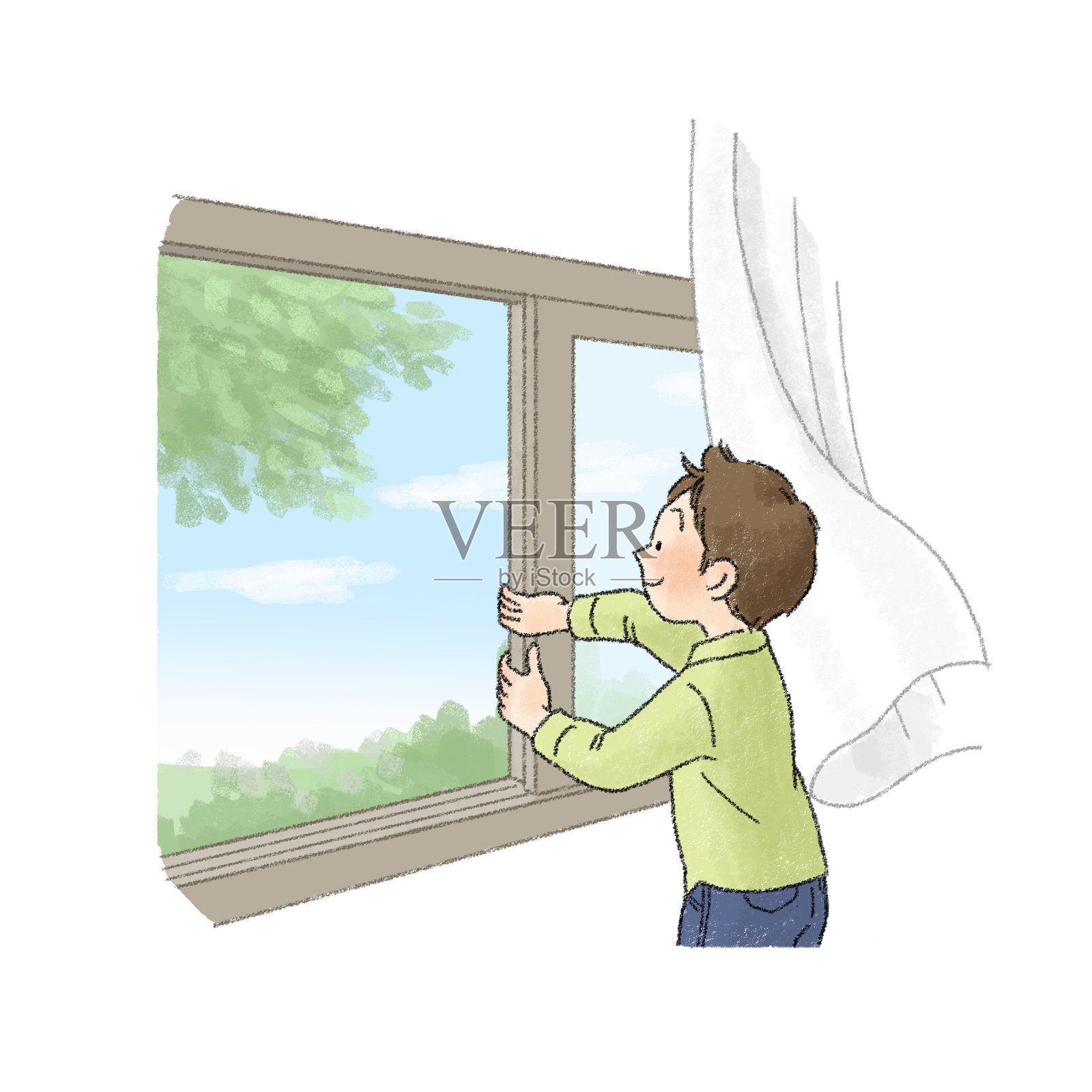 一个人打开窗户和通风的插图(男学生)插画图片素材
