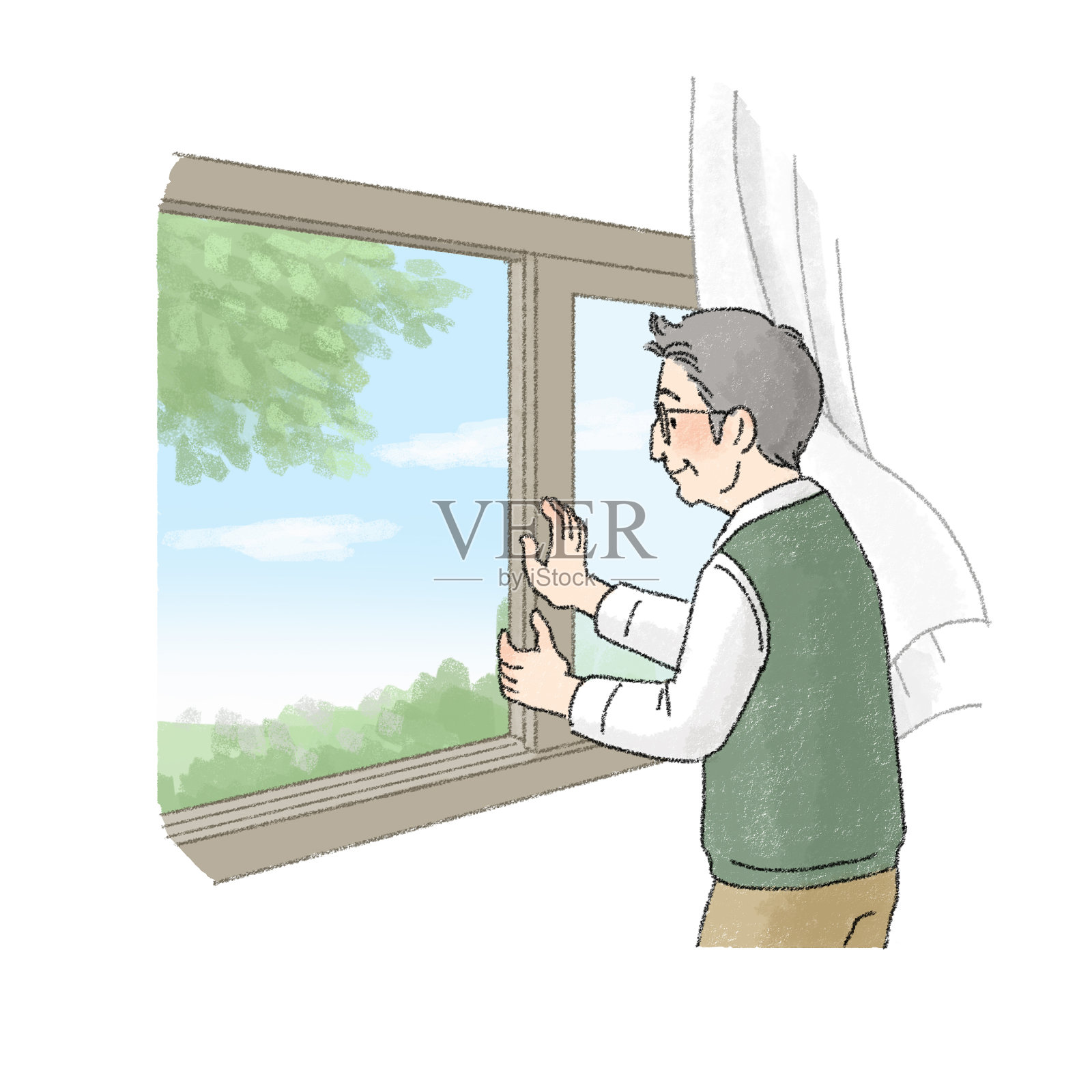 一个人打开窗户和通风的插图(长者)插画图片素材