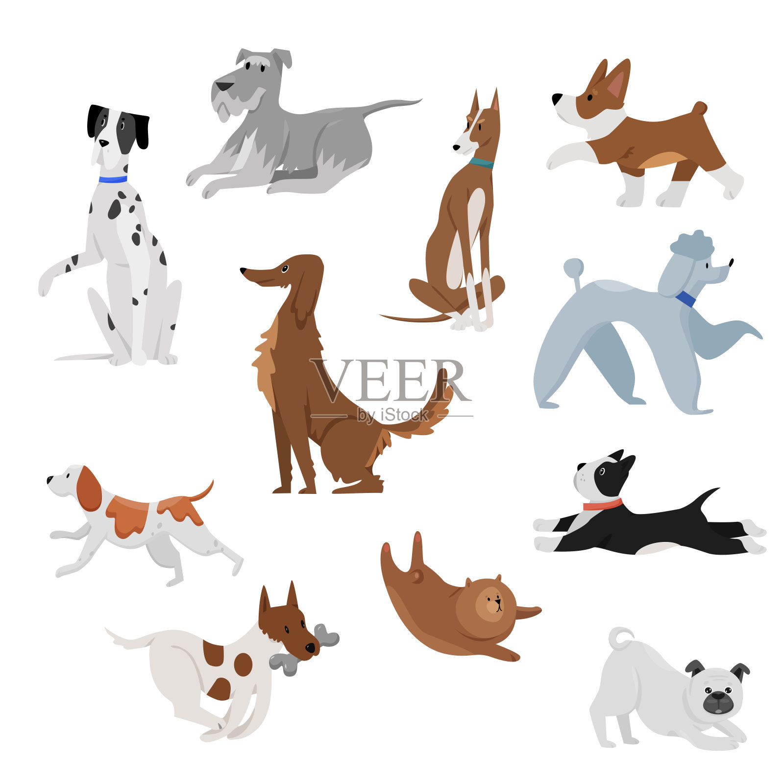 可爱有趣的家养宠物卡通狗矢量插图。狗、小狗、宠物角色。毛茸茸的人类朋友家快乐的动物设置。插画图片素材